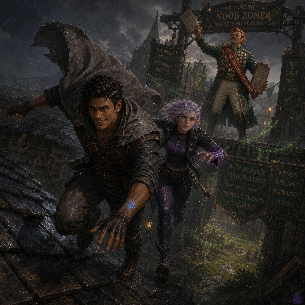 Fantasy LitRPG rooftop chase at rainy dawn. Slick, a lean mid-20s man with warm sienna brown skin, bright hazel-green eyes, short messy dark espresso undercut, thin scar through his left eyebrow, starter leather jerkin with mismatched bronze buckles, charcoal trousers, worn boots, fingerless gloves, and patched gray cloak, sprints across slick slate rooftops with a glowing blue sigil on his wrist and a brass hearing token at his chest. Beside him runs Mira Patchnote, feminine late-20s, cool porcelain skin with violet undertones, neon violet eyes, sharp silver-lavender asymmetrical bob pinned with docket clips, small translucent quartz horns, glowing cursor-shaped beauty mark under her right eye, black cropped mage jacket, violet tunic, dark trousers, utility belt, glowing boots, animated error-code tattoos on her forearms as she swats green system motes from the air. In the distance, Brindlejack Tallyhorn stands atop a tutorial gate in a forest-green officer coat with gold piping, red sash, many enamel badges, brass spectacles, waxed mustache, copper-red side-parted hair with tiny braided rat-tail, holding a flapping beginner ledger and clipboard buckler. Below, Beginner’s Meadow is wet and cabbage-green, with cheerful tutorial banners and an archive building being wrapped in glowing green chains. Mood: urgent, comedic tension, civic rebellion, rain, lamplight fading into dawn, dynamic motion, cinematic fantasy illustration.