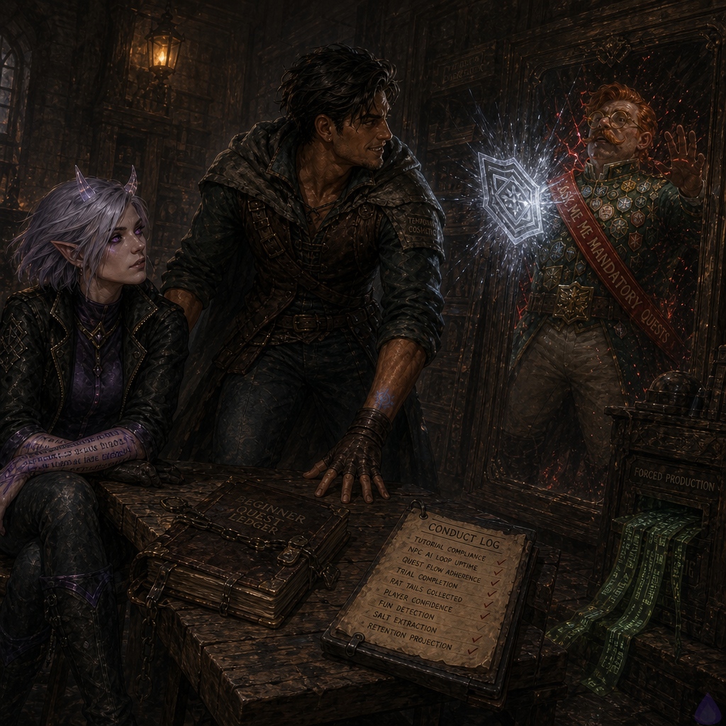 Fantasy LitRPG courtroom scene inside a cramped tailor’s parlor on a rainy day. Slick, a lean athletic young man with warm sienna brown skin, bright hazel-green eyes, messy dark espresso undercut, a thin scar through his left eyebrow, starter leather jerkin, bandaged hand, and patched gray cloak, stands braced at a trestle table despite an injured leg. Beside him sits Mira Patchnote, feminine late-20s, cool porcelain skin with faint violet undertones, sharp silver-lavender asymmetrical bob tucked behind one pointed ear, small translucent quartz horns, neon violet eyes, cursor-shaped glowing beauty mark under right eye, animated violet-black error-code tattoos on her forearms, wearing a cropped black mage jacket and violet tunic under a weatherproof cloak, looking exhausted but fiercely present. On the table are a glowing blue-gold Beginner Quest Ledger, stitched conduct log, pinned rumor parchment under a bone needle, ink pots, tea cups. A severe gray-mantled Auditor Vale writes in floating gray ink. In a standing mirror, Brindlejack Tallyhorn appears furious, a compact broad-shouldered man with copper-red oiled side-part hair, tiny braided rat-tail with blue ribbon, waxed handlebar mustache, brass spectacles, many dulling enamel badges, green tutorial officer coat, and red appellate sash. Gray magical brackets lock green paper birds and rumor templates in midair. Mood tense and triumphant, rain-streaked windows, lamplight, wet wool atmosphere, public witnesses crowded in background.