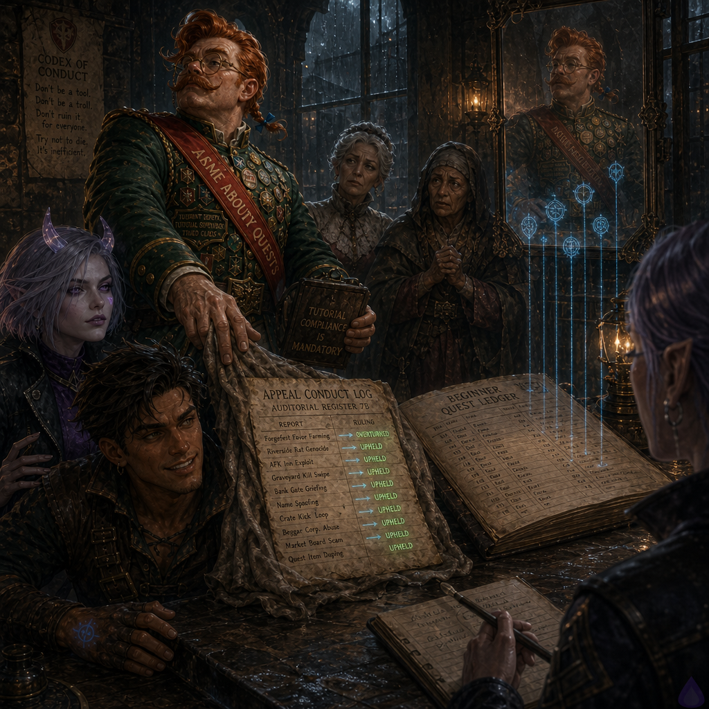 A tense fantasy LitRPG hearing inside a rain-damp tailor’s parlor converted into a public courtroom. Slick, a lean young man with warm sienna brown skin, hazel-green eyes, a thin scar through his left eyebrow, messy dark espresso undercut, bandaged hand, leather starter jerkin and patched gray cloak, sits at a trestle table beside Mira Patchnote. Mira is a slender athletic gremlin-like woman in her late twenties with cool porcelain skin with violet undertones, neon violet eyes, silver-lavender asymmetrical bob tucked behind one pointed ear, small translucent quartz horns, glowing cursor-shaped beauty mark under her right eye, black mage jacket and violet tunic partly covered by Slick’s weatherproof cloak, dim violet-black error-code tattoos crawling along her forearms. A stern Watch Sergeant with broken nose, beard, and blue coat presents a damp cloth Appeal Conduct Log glowing with blue civic ink. Auditor Vale in a rain-gray mantle with silver seal watches coldly with notebook and stylus. In a floating mirror, Brindlejack Tallyhorn appears, fair freckled face, copper-red oiled hair with tiny braided rat-tail tied blue, brass spectacles, waxed handlebar mustache, forest-green officer coat with badges and red appellate sash, looking indignant. Mrs. Vey and Mother Malla stand among witnesses. Mood: tense, procedural, rain outside windows, warm lamplight, blue and green magical document glows, everyone focused on the open conduct log like a weapon on the table.
