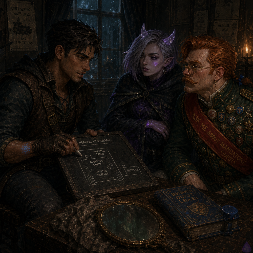 Fantasy LitRPG courtroom preparation scene inside a cramped Tailor’s Row parlor at rainy midnight. Slick, a lean athletic young man with warm sienna brown skin, bright hazel-green eyes, short messy dark espresso undercut, thin scar through left eyebrow, patched gray cloak and leather starter jerkin, sits at a trestle table with ink-stained hand near a glowing blue-gold Beginner Quest Ledger. Mira Patchnote, feminine late-20s with cool porcelain skin faint violet undertones, neon violet eyes, sharp silver-lavender asymmetrical bob, small translucent quartz horns, glowing cursor beauty mark under right eye, dim animated violet error-code tattoos on forearms, is wrapped in Slick’s weatherproof cloak, exhausted but alert. A grizzled Watch Sergeant with broken nose, beard, blue coat, and municipal satchel sketches a hearing diagram on a cracked slate with chalk. Mrs. Vey and Mother Malla stand nearby with tea and papers. A dull gray mirror on the table glimmers faint tutorial green, hinting at Brindlejack’s remote presence. Mood tense, strategic, intimate trust under pressure, warm lamplight against rain-streaked windows, wet wool, blue civic magic glow, detailed fantasy interior, cinematic composition.
