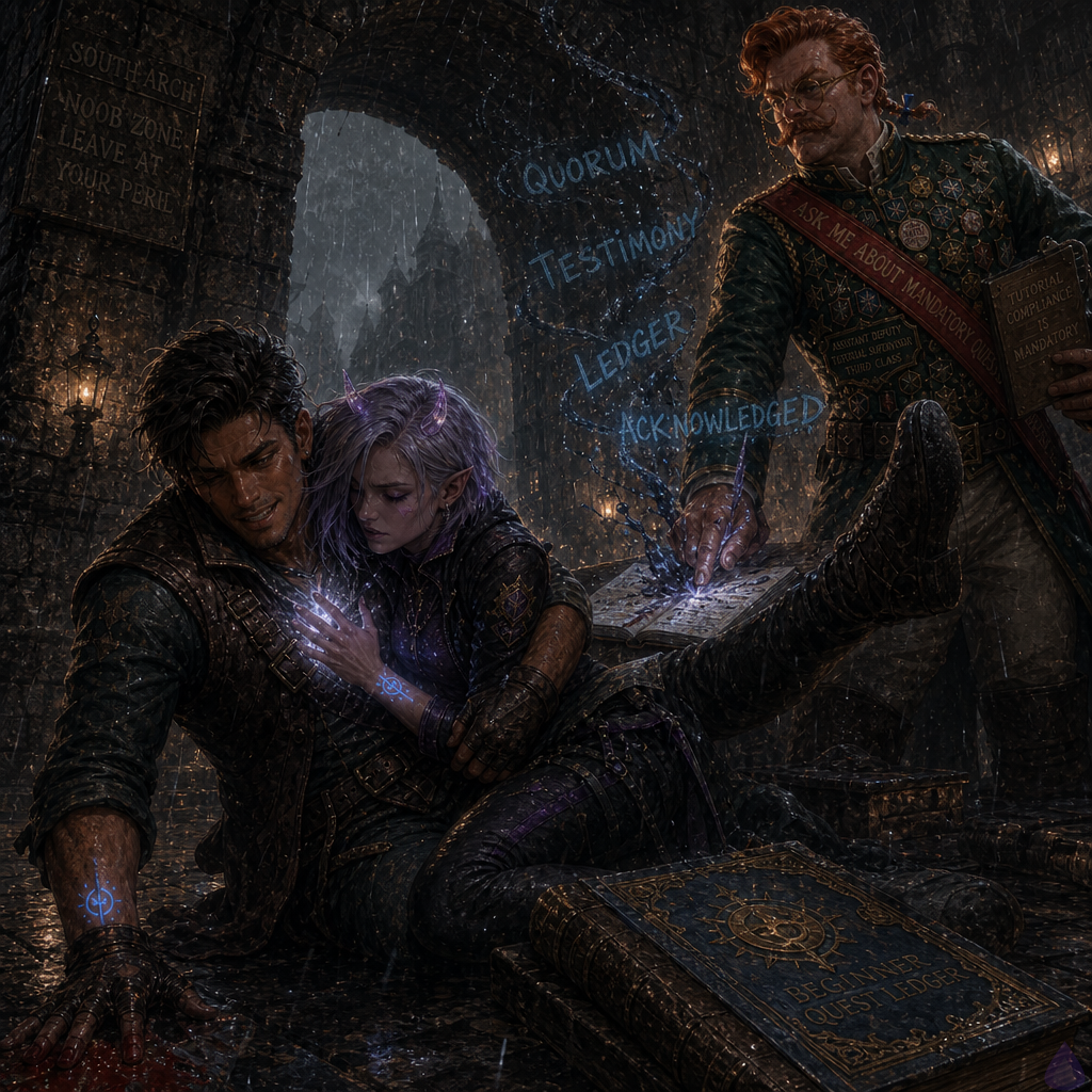 Fantasy LitRPG scene in heavy dawn rain beneath a black stone city arch. Slick, a lean athletic young man with warm sienna brown skin, bright hazel-green eyes, short messy dark espresso undercut, a thin scar through his left eyebrow, soaked starter leather jerkin, gray patched cloak, fingerless gloves, and a glowing blue sigil on his right wrist, has just crash-landed on wet flagstones while cradling Mira protectively in his arms. Mira is a slender athletic late-20s gremlin-like woman with cool porcelain skin with violet undertones, neon violet eyes, sharp asymmetrical silver-lavender bob, small translucent quartz horns, a glowing cursor-shaped beauty mark under her right eye, black cropped mage jacket, violet tunic, dark trousers, silver utility belt, and knee-high glowing boots; her error-code tattoos glow faintly white-violet from backlash. A blue-gold sealed ledger lies against an open municipal register on a lectern held by a stern Watch Sergeant in a blue coat. Around them, Tailor’s Row tenants hold lamps in the rain, relieved and tense. In the distance on a roof, Brindlejack Tallyhorn stands furious and soaked in a forest-green tutorial officer coat, red sash, brass spectacles, handlebar mustache, many badges, and clipboard buckler. Mood: triumphant but exhausted, cinematic fantasy lighting, rain sparkling with magical ink words, dynamic composition, emotional urgency.