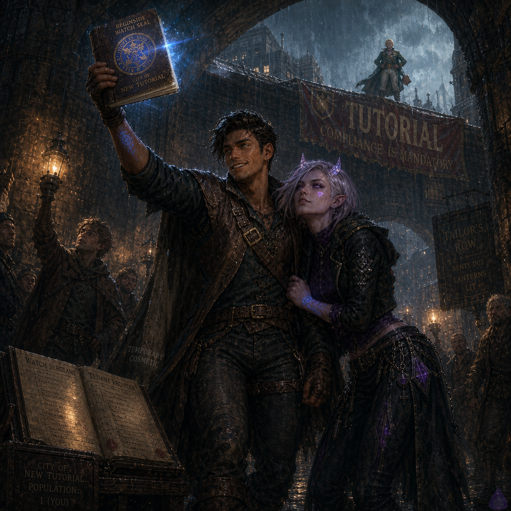 Rain-soaked fantasy city street at dawn beneath a massive stone arch, cinematic lighting with blue-gold magical glow. Slick, a lean athletic young man with warm sienna brown skin, bright hazel-green eyes, short messy dark espresso undercut, thin scar through left eyebrow, starter leather jerkin, patched gray cloak, and glowing blue wrist sigil, stands injured but defiant on wet flagstones raising a bound brown quest ledger overhead. The ledger emits blue-gold municipal light. Mira Patchnote, a slender athletic late-20s gremlin-like woman with cool porcelain skin faint violet undertones, neon violet eyes, silver-lavender asymmetrical bob, small translucent quartz horns, cropped black mage jacket, violet tunic, dark trousers, glowing-soled boots, and flickering error-code tattoos on her forearms, leans exhausted but proud against him. Around them, tenants and vendors of Tailor’s Row hold lamps in the rain, faces hopeful and fierce. In the distance on a roofline, Brindlejack Tallyhorn, compact broad-shouldered man in green tutorial officer coat, red sash, brass spectacles, handlebar mustache, copper-red hair with tiny rat-tail ribbon, retreats into an unstable green square of bureaucratic magic. Mood: triumphant, tense, public confrontation, wet cobblestones reflecting lanterns and magical seals.