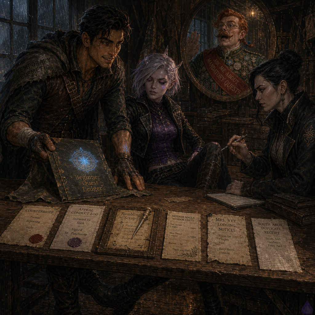 Fantasy LitRPG hearing room inside a crowded tailor’s parlor on a rainy day. Slick, a lean mid-20s man with warm sienna brown skin, bright hazel-green eyes, dark espresso messy swept-back undercut, thin scar through left eyebrow, starter leather jerkin and patched gray cloak, stands at a trestle table with a bandaged hand laying out glowing documents. Beside him sits Mira Patchnote, feminine late-20s, cool porcelain skin with violet undertones, sharp asymmetrical silver-lavender bob tucked behind one pointed ear, neon violet eyes, small translucent quartz horns, glowing cursor-shaped beauty mark under right eye, animated violet-black error-code tattoos on forearms, wearing a cropped black mage jacket and violet tunic under a weatherproof cloak; she looks tense but protected. Across the table stands Auditor Vale in a rain-gray mantle with a silver seal, severe and analytical. A floating mirror shows Brindlejack Tallyhorn, early-40s fair freckled man with copper-red oiled hair, handlebar mustache, brass spectacles, authority badges, forest-green officer coat, and red sash, looking indignant. Mrs. Vey, Mother Malla, and a Watch Sergeant stand among damp witnesses. Blue-gold ledger seal glows on the table, rain streaks windows, warm lamps, tense civic magic atmosphere, dramatic but nonviolent.