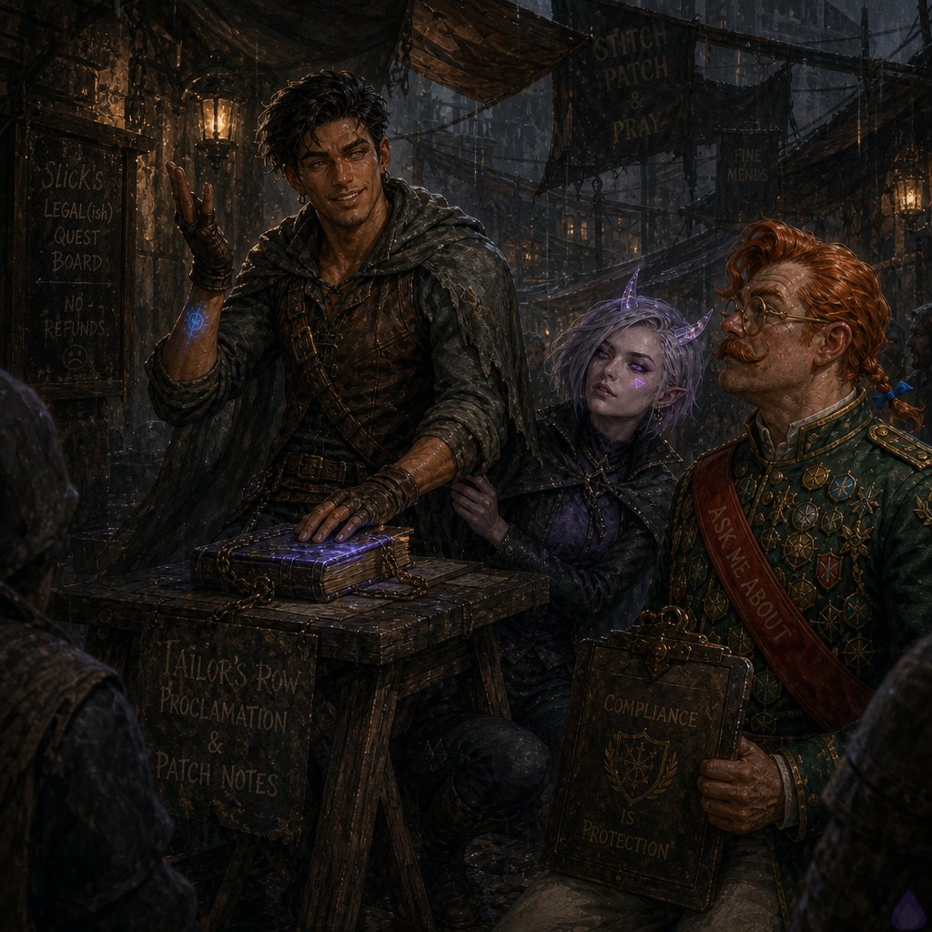 Fantasy LitRPG street meeting in the rain on Tailor’s Row, medieval-fantasy urban lane with patched awnings, glowing lamps bent northward, wet cobblestones, bolts of cloth and tailor signs. Slick, a lean mid-20s man with warm sienna brown skin, hazel-green eyes, short messy dark espresso undercut, scar through left eyebrow, patched gray cloak and leather jerkin, stands behind a trestle table raising his wrapped hand over a glowing bound ledger with a blue-gold municipal seal. Beside him sits Mira Patchnote, feminine late-20s, cool porcelain skin with violet undertones, sharp asymmetrical silver-lavender bob, neon violet eyes, small translucent quartz horns, glowing cursor-shaped beauty mark under right eye, black cropped mage jacket and violet tunic partly covered by a weatherproof cloak, looking exhausted but fiercely moved, one hand secretly gripping Slick’s sleeve under the table. Mrs. Vey, elderly silver-haired landlord in a dark shawl, pins an Appeal Conduct Log to a notice board with a bone needle. Mother Malla, sturdy woman with iron-gray braids and flour-dusted apron, leans angrily over the table. Mood of public defiance, boundary protection, rain, lamplight, civic magic, no explicit nudity.