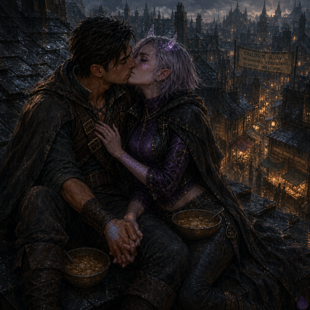 Fantasy LitRPG romantic rooftop scene at dusk after rain: Slick, a lean athletic mid-20s man with warm sienna brown skin, bright hazel-green eyes, dark espresso messy swept-back undercut, thin scar through left eyebrow, starter-zone leather jerkin with mismatched bronze buckles and bandaged hand, sits on wet slate rooftops above Tailor’s Row. Mira Patchnote, feminine late-20s with cool porcelain skin with faint violet undertones, silver-lavender sharp asymmetrical bob tucked behind one pointed ear, neon violet eyes, small translucent quartz horns, glowing cursor-shaped beauty mark under right eye, animated violet-black error-code tattoos along forearms, cropped black mage jacket and violet tunic under a weatherproof cloak, leans against him and kisses him directly, lips together. They are seated close with fingers laced, bowls of soup nearby, exhausted but relieved. Below them, Tailor’s Row glows with warm golden lamplight, damp awnings, cobbled streets, neighbors celebrating and reopening shops. Mood: triumphant, intimate, hard-won safety, gentle mist, cinematic fantasy lighting, no nudity, mature romantic kiss, detailed emotional body language.