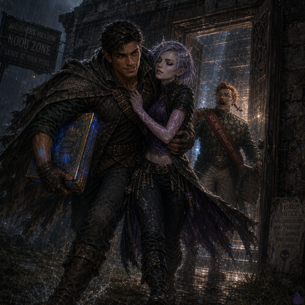 Fantasy LitRPG scene in rainy dawn light outside the Beginner’s Meadow archives. Slick, a lean young man with warm sienna brown skin, bright hazel-green eyes, short messy dark espresso undercut, thin scar through his left eyebrow, starter leather jerkin, patched gray cloak, and glowing blue sigil on his wrist, carries and supports Mira Patchnote as they burst from the archive doorway. Mira is feminine, late 20s, cool porcelain skin with faint violet undertones, silver-lavender asymmetrical bob, neon violet eyes, small translucent quartz horns, glowing cursor-shaped beauty mark under her right eye, black cropped mage jacket over violet tunic, utility belt, dark trousers, knee-high boots with glowing soles. Her animated error-code tattoos flare white-violet from system backlash, and she clutches Slick’s jerkin while trying to stay defiant. Slick has the sealed Beginner Quest Ledger tucked under his cloak, glowing blue-gold. Behind them, Brindlejack Tallyhorn stands in the archive doorway in a forest-green officer coat with gold piping, red sash, brass spectacles, handlebar mustache, copper-red side-parted hair with tiny rat-tail ribbon, and many authority badges, shouting furiously as white system light leaks from the archive. Mood: urgent, heroic, rain-soaked, comedic tension with genuine concern. Cinematic composition, wet grass, fluttering tutorial banners, magical UI glow, no nudity.