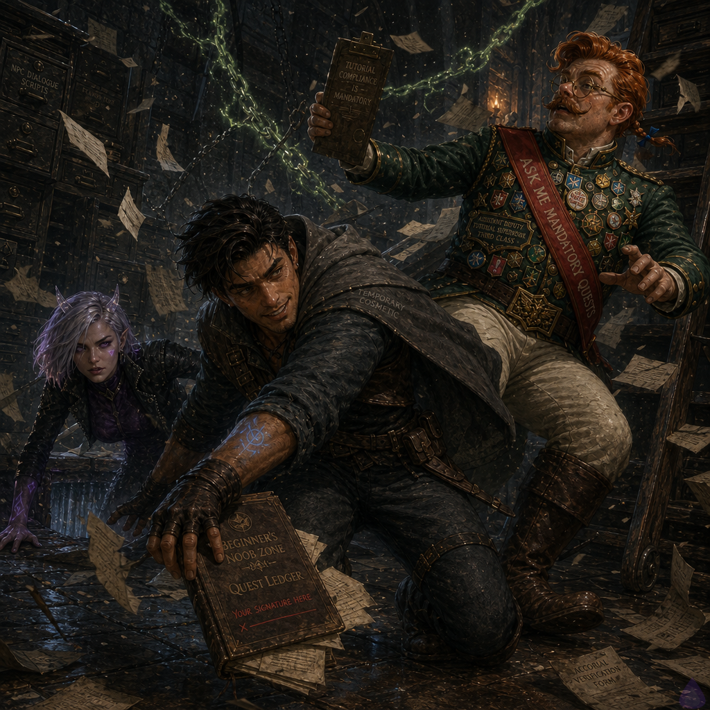 Fantasy LitRPG archive lobby at dawn, chaotic and cinematic. Slick, a lean athletic young man with warm sienna brown skin, bright hazel-green eyes, a thin scar through his left eyebrow, messy dark espresso swept-back undercut, starter leather jerkin, patched gray cloak, and glowing blue wrist sigil, has just burst through a broken floor grate and snatched a brown beginner quest ledger from Brindlejack. He stands in a dynamic crouch holding the ledger tightly, shoulder bruised, blue system light flaring around his wrist. Mira Patchnote, feminine late-20s with cool porcelain skin with violet undertones, neon violet eyes, silver-lavender asymmetrical bob, small translucent quartz horns, cropped black mage jacket, violet tunic, utility belt, and dim glowing error-code tattoos, pulls herself up through the broken grate beside him, pale but fiercely amused. Brindlejack Tallyhorn, compact broad-shouldered early-40s man with fair freckled skin, copper red oiled side-part hair with tiny braided rat-tail tied in blue ribbon, waxed handlebar mustache, oversized brass spectacles, forest-green tutorial officer coat with gold piping, red sash reading ASK ME ABOUT MANDATORY QUESTS, and many enamel badges, staggers backward in outrage near rolling ladders and filing cabinets. The archive is filled with green tutorial chains, flying forms, open drawers, pamphlets scattered across polished stone, civic blue and tutorial green magical UI light, rain-gray dawn filtering through high windows. Mood: tense, triumphant, bureaucratic magic turned into action comedy.