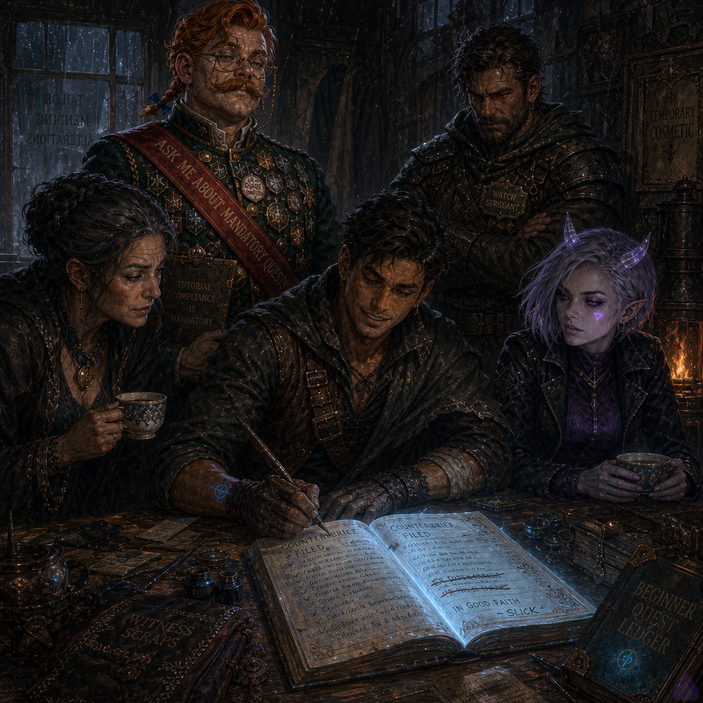 A moody fantasy LitRPG legal-war-room scene at night inside a cramped tailor’s parlor during rain. Slick, a lean mid-20s man with warm sienna brown skin, bright hazel-green eyes, short messy dark espresso undercut, thin scar through left eyebrow, and patched gray cloak, sits at a trestle table writing a formal counterbrief with a bandaged hand. Beside him sits Mira Patchnote, feminine late-20s, cool porcelain skin with violet undertones, sharp asymmetrical silver-lavender bob tucked behind one pointed ear, small translucent quartz horns, neon violet eyes, glowing cursor-shaped beauty mark under right eye, dim animated error-code tattoos on forearms, wrapped in a weatherproof cloak near a stove, watching him with guarded warmth. Mrs. Vey, stern silver-haired landlord in a dark shawl, stands with a bone needle, and a rugged Watch Sergeant with broken nose and blue coat seals the document in dark blue wax. The bound Beginner Quest Ledger glows blue on the table among ink pots, ledgers, witness scraps, and tea cups. Rain streaks the windows, lamplight is warm gold and civic-blue magical light illuminates faces, mood tense but intimate, protective, determined.