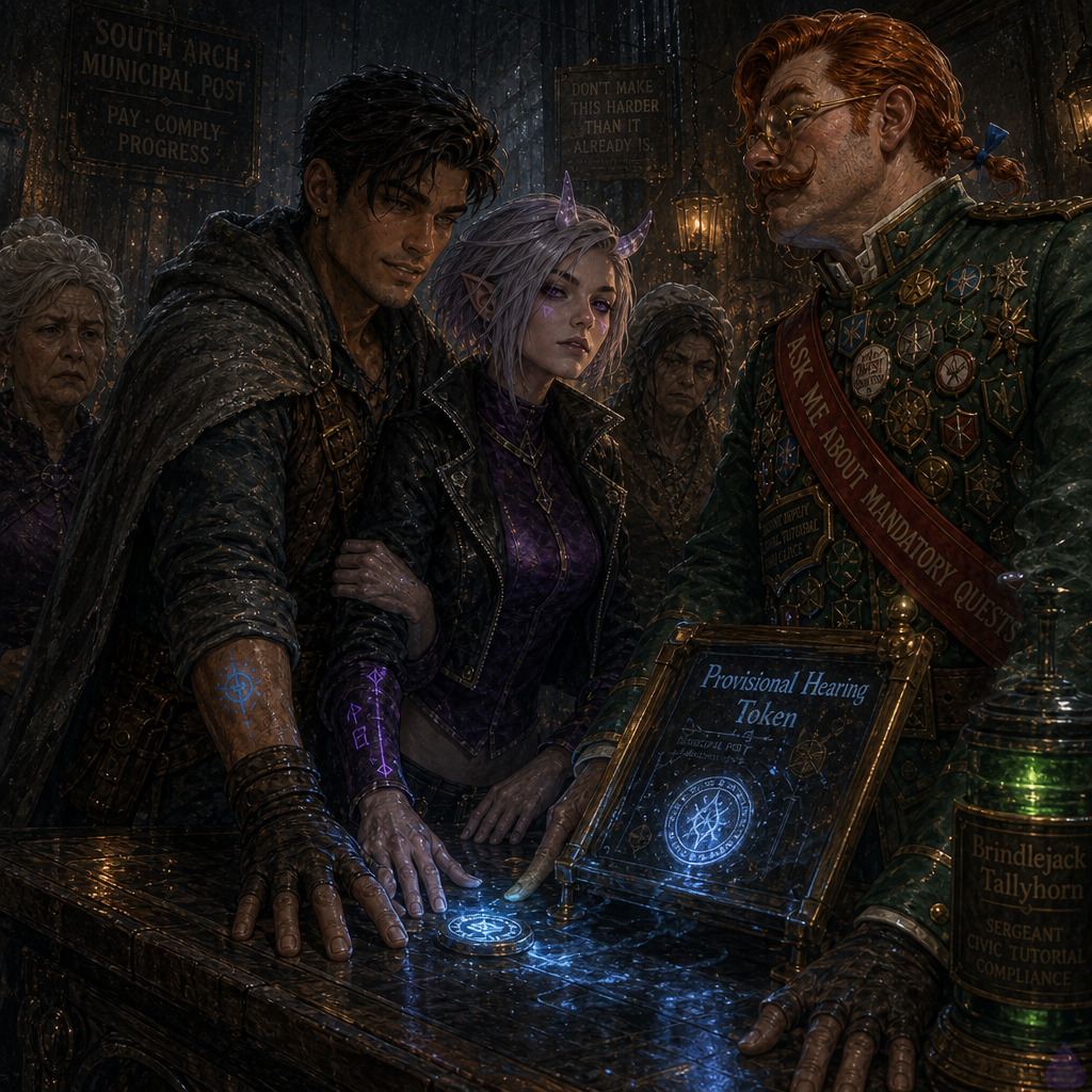 Fantasy LitRPG municipal guard post at night during rain, crowded South Arch Post filled with Tailor’s Row tenants holding lamps, ledgers, receipts, and wet shawls. In the center, Slick, a lean mid-20s man with warm sienna brown skin, bright hazel-green eyes, dark espresso messy swept-back undercut, thin scar through left eyebrow, starter leather jerkin, patched gray cloak, and glowing blue wrist sigil, stands shoulder to shoulder with Mira Patchnote. Mira is a slender athletic late-20s system-support gremlin woman with cool porcelain skin with faint violet undertones, neon violet eyes, silver-lavender asymmetrical bob tucked behind a pointed ear, small translucent quartz horns, glowing cursor-shaped beauty mark under her right eye, animated error-code tattoos on her forearms, cropped black mage jacket, violet tunic, dark trousers, utility belt, and glowing-soled boots. Their shoulders touch in a deliberate partner stance at a counter glowing with blue civic magic. A black municipal register floats ink-smoke columns between them and a stern Watch Sergeant with broken nose and blue coat. Mrs. Vey, Mother Malla, and tenants watch behind them. Mood tense but triumphant, rain-streaked windows, brass lanterns, blue and green magical UI light, body language showing public solidarity and private warmth, no nudity, cinematic fantasy illustration.