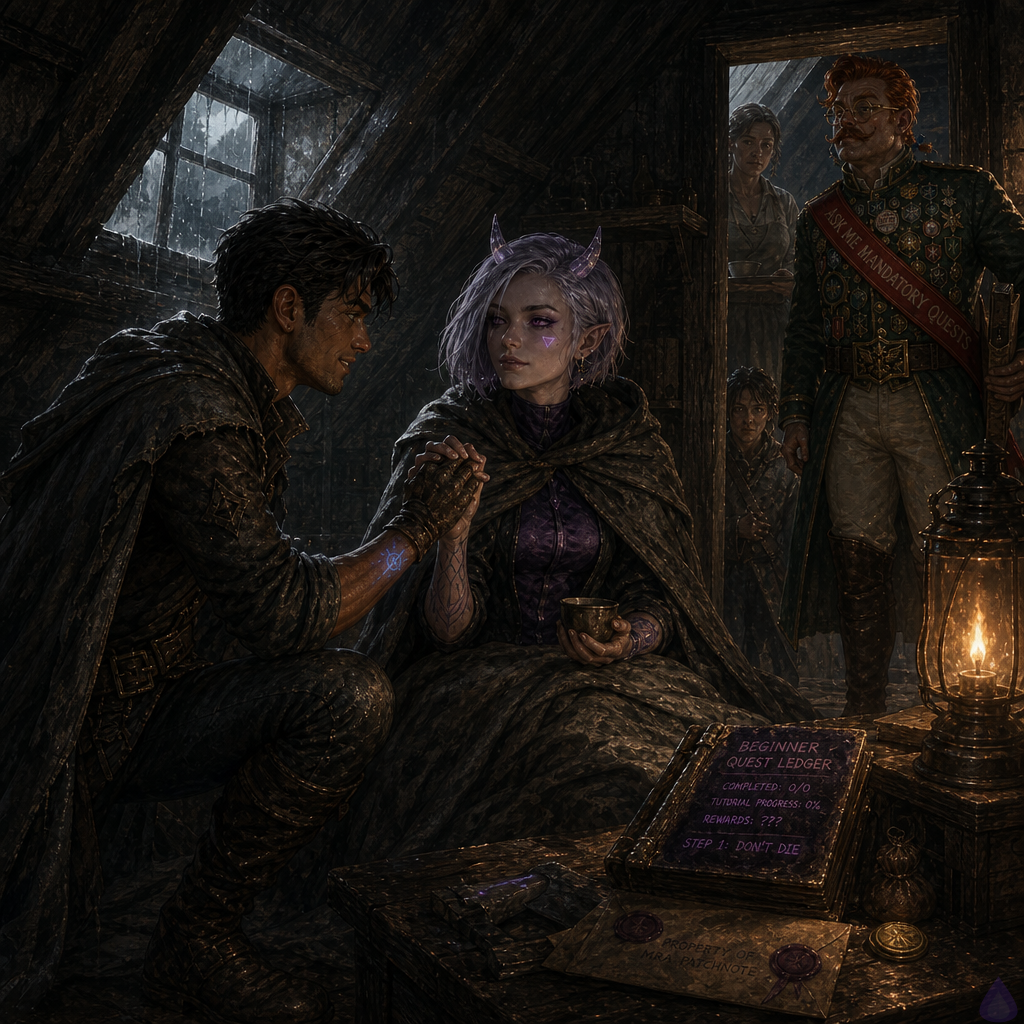 Fantasy LitRPG attic room at rainy dawn, warm lamplight and gray rain through a small window. Slick, a lean young man with warm sienna brown skin, bright hazel-green eyes, short messy dark espresso swept-back undercut, thin scar through left eyebrow, patched gray cloak and leather starter jerkin, sits on the floor beside Mira. Mira Patchnote, late-20s feminine system gremlin with cool porcelain skin with violet undertones, neon violet eyes, sharp asymmetrical silver-lavender chin-length bob, small translucent quartz horns, glowing cursor-shaped beauty mark under right eye, dim violet-black animated error-code tattoos on her forearms, is wrapped in Slick’s weatherproof cloak on a bedroll, holding a tea cup. Their hands are clasped gently between them, showing trust and boundaries after conflict. On a small crooked table nearby are a glowing blue-gold bound ledger, a brass provisional hearing token, and a sealed blue official notice. Mrs. Vey stands in the doorway with soup and bandages, stern but protective; Mother Malla and a rain-wet messenger are partly visible on the stairs. Mood is tender, tense, recovering, intimate but non-explicit. No nudity. Cinematic fantasy lighting, rain-streaked glass, cozy cramped attic, magical UI glow.