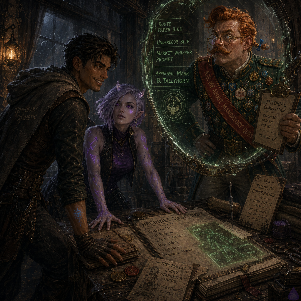 Fantasy courtroom scene inside a cramped rain-soaked tailor’s parlor, lamplight and gray daylight mixing over a trestle table covered in ledgers, cloth logs, wax seals, pamphlets, and glowing green projected text. Slick, a lean mid-20s man with warm sienna brown skin, hazel-green eyes, messy dark espresso undercut, thin scar through left eyebrow, patched gray cloak and leather jerkin, stands with a bandaged hand near a glowing Beginner Quest Ledger. Mira Patchnote sits beside him, late-20s feminine humanoid gremlin with cool porcelain skin with violet undertones, neon violet eyes, sharp asymmetrical silver-lavender bob tucked behind one pointed ear, small translucent quartz horns, glowing cursor beauty mark under right eye, black mage jacket and violet tunic, her animated violet-black error-code tattoos visible as she places trembling palms flat on the table. In a floating mirror, Brindlejack Tallyhorn appears with copper-red oiled hair, handlebar mustache, brass spectacles, many enamel badges, forest-green tutorial officer coat, and red appellate sash, looking suddenly dangerous. Auditor Vale in a gray mantle with silver seal writes with a silver stylus. Mrs. Vey and Mother Malla stand among tense witnesses. Mood: tense legal confrontation, rain on windows, magical ink glowing green and blue, boundary and betrayal in the air.