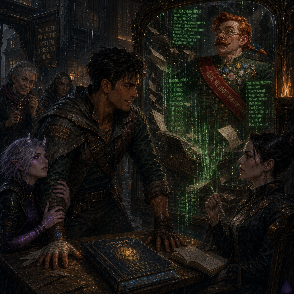 A tense fantasy LitRPG hearing inside a cramped rain-damp tailor’s parlor. Slick, a lean mid-20s man with warm sienna brown skin, bright hazel-green eyes, short messy dark espresso undercut, a thin scar through his left eyebrow, and a patched gray cloak, stands at a trestle table with a bandaged hand near a glowing blue-gold ledger. Mira Patchnote sits beside him, feminine late-20s, cool porcelain skin with faint violet undertones, neon violet eyes, silver-lavender asymmetrical bob tucked behind one pointed ear, small translucent quartz horns, a glowing cursor-shaped beauty mark under her right eye, and animated violet-black error-code tattoos crawling along her forearms. She grips Slick’s sleeve under the table, worried but controlled. Across the room stands Auditor Vale in a severe rain-gray mantle with a silver seal, writing in a notebook with a silver stylus. A floating mirror shows Brindlejack Tallyhorn, early-40s, fair freckled skin, copper-red oiled hair with curled tips and a tiny blue-ribbon rat-tail braid, pale blue-gray eyes, waxed handlebar mustache, oversized brass spectacles, forest-green officer coat covered in enamel badges, and a red appellate sash. Behind him, papers explode from an office cabinet as green tutorial script spills down the mirror. Mrs. Vey, Mother Malla, and wet Tailor’s Row witnesses watch in tense silence. Mood: procedural danger, rainlight, lamp glow, civic magic, documents as weapons.