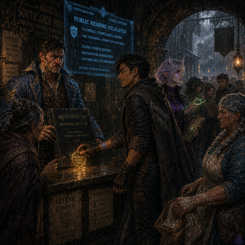 A fantasy LitRPG night scene inside a rain-soaked municipal watch post beneath a stone arch. Slick, a lean mid-20s man with warm sienna brown skin, bright hazel-green eyes, a short messy dark espresso undercut, a thin scar through his left eyebrow, starter leather jerkin, patched gray cloak, fingerless gloves, and a faint glowing blue wrist sigil, stands at a counter placing a brass Provisional Hearing Token down. Beside him is Mira Patchnote, a slender athletic late-20s gremlin-like woman with cool porcelain skin with violet undertones, neon violet eyes, silver-lavender asymmetrical bob, small translucent quartz horns, glowing cursor-shaped beauty mark under her right eye, black cropped mage jacket over violet tunic, utility belt, and animated error-code tattoos crawling along her forearms. Mrs. Vey, stern silver-haired tailor in a dark shawl, and Mother Malla, sturdy with iron-gray braids and flour-dusted apron, stand with tenants holding ledgers, notices, lamps, and oilcloth bundles. A rugged Watch Sergeant with broken nose and blue coat opens a black municipal register, while glowing civic-blue system text and smoky ink columns display complaints against Brindlejack. Mood: tense civic defiance, lamplight, wet wool steam, rain at the windows, determined body language, magical bureaucratic atmosphere.