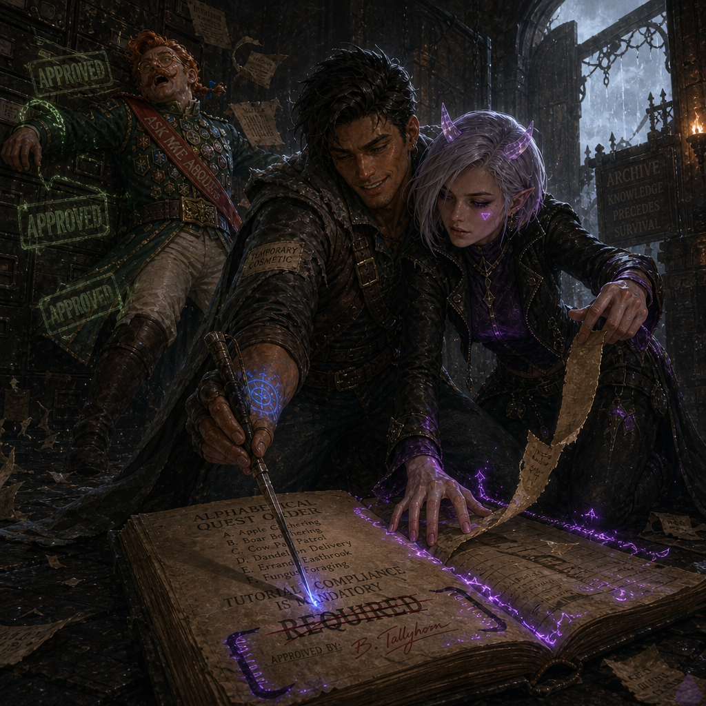 Fantasy LitRPG archive interior at rainy dawn, black stone floor littered with flying parchment and broken green chains of magical tutorial light. Slick, a lean mid-20s man with warm sienna brown skin, hazel-green eyes, messy dark espresso undercut, eyebrow scar, starter leather jerkin, patched gray cloak, and glowing blue wrist sigil, stands with a rapier tip carving a sigil-like loophole signature into an open brown beginner quest ledger. Mira Patchnote, feminine late-20s with cool porcelain violet undertone skin, neon violet eyes, sharp silver-lavender asymmetrical bob, small translucent quartz horns, cropped black mage jacket, violet tunic, utility belt, and flickering error-code tattoos, leans close beside him, pale but fiercely guiding him with one hand braced on the ledger. Brindlejack Tallyhorn, compact broad-shouldered man in a forest-green tutorial officer coat with gold piping, red mandatory quest sash pinned to a filing cabinet, brass spectacles, handlebar mustache, copper-red oiled hair and many enamel badges, looks horrified in the background. Mood tense, triumphant, magical bureaucracy collapsing, blue and violet light clashing with sickly green, rain visible through open archive doors.