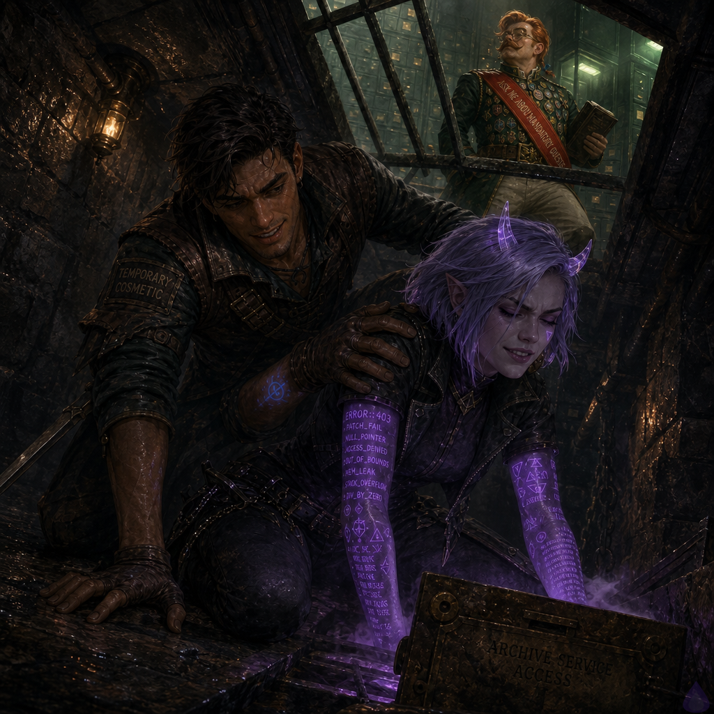 Fantasy LitRPG scene beneath a rain-soaked tutorial amphitheater at dawn. Slick, a nimble mid-20s man with warm sienna brown skin, bright hazel-green eyes, dark espresso messy swept-back undercut, thin scar through his left eyebrow, starter leather jerkin, charcoal trousers, fingerless gloves, patched gray cloak labeled TEMPORARY COSMETIC, crouches in a cramped stone maintenance tunnel beneath an iron floor grate, one hand steadying Mira. Mira Patchnote, feminine late-20s system-support gremlin with cool porcelain skin with faint violet undertones, neon violet eyes, silver-lavender sharp asymmetrical bob, small translucent quartz horns, glowing cursor-shaped beauty mark under right eye, animated error-code tattoos blazing along her forearms, cropped black mage jacket and violet tunic, kneels beside an opened brass access plate, exhausted but smirking. Above them through the grate, Brindlejack Tallyhorn stands in the green-lit archive lobby, fair freckled face, copper-red oiled side-part with curled tips and tiny braided rat-tail, waxed handlebar mustache, oversized brass spectacles, forest-green tutorial officer coat with gold piping, red sash reading ASK ME ABOUT MANDATORY QUESTS, clutching a brown beginner quest ledger. Mood tense and adventurous, green tutorial chains sealing cabinets, blue-violet magic glow from Mira’s tattoos, wet stone, dust motes, cinematic low-angle composition, humorous fantasy tension.