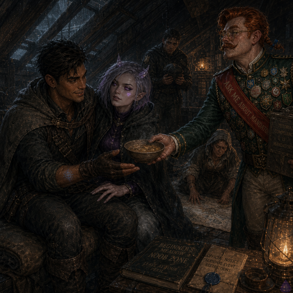 A rain-dim fantasy attic above Tailor’s Row at morning, warm lamplight against gray storm light. Slick, a lean warm sienna brown man in a patched gray cloak and starter leather jerkin, sits close to Mira Patchnote but not crowding her, his hand just releasing hers in a careful protective gesture. Mira is a slender porcelain-skinned woman with faint violet undertones, silver-lavender asymmetrical bob, small translucent quartz horns, neon violet eyes, glowing cursor-shaped beauty mark under her right eye, and dim violet-black error-code tattoos along her forearms. She is wrapped in Slick’s weatherproof cloak on a bedroll, exhausted but visibly relieved. Mrs. Vey, an older silver-haired woman in a dark shawl, stands nearby with a bone needle and soup tray; Mother Malla with iron-gray braids and flour apron kneels over a northern map. On a warped table, a glowing Beginner Quest Ledger and a cracked blue-wax notice cast blue-gold light. Mood: intimate trust, guarded relief, looming civic danger, rain streaking the window, cozy cluttered attic with fantasy documents and scroll tags.