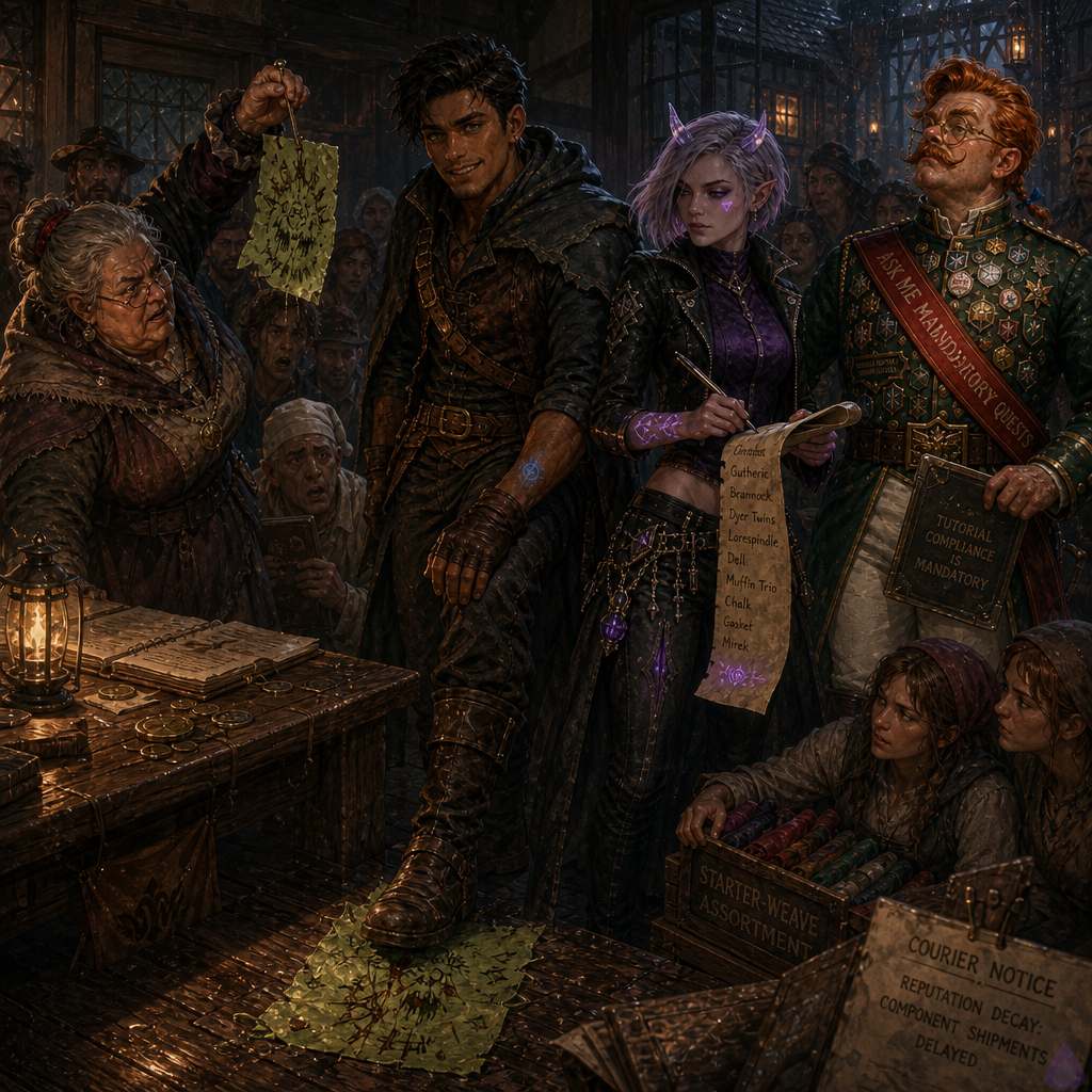 Fantasy LitRPG interior scene in a rain-soaked tailor's lodging parlor at night, warm lamplight against dark windows streaked with rain. Slick, a lean mid-20s man with warm sienna brown skin, bright hazel-green eyes, short messy swept-back dark espresso undercut, thin scar through left eyebrow, starter leather jerkin, patched gray cloak, and faint blue glowing wrist sigil, stands at the center beside a table covered in ledgers, courier notices, brass token, and skewered twitching parchment. Mira Patchnote, feminine late-20s with cool porcelain skin with violet undertones, neon violet eyes, silver-lavender asymmetrical bob, small translucent quartz horns, glowing cursor beauty mark, animated error-code tattoos, cropped black mage jacket and violet tunic, stands close at his shoulder writing names on a scroll tag. Mrs. Vey, stern silver-haired tailor in a dark shawl, holds up a bone needle piercing a green regulation parchment. Around them, tenants crowd the room holding lamps, receipts, invoices, and warning notices, their faces shifting from fear to solidarity. Mood: defiant, communal, clever, rising tension. Cinematic composition, detailed fabric bolts and tailor dummies, magical UI glow, no explicit nudity.