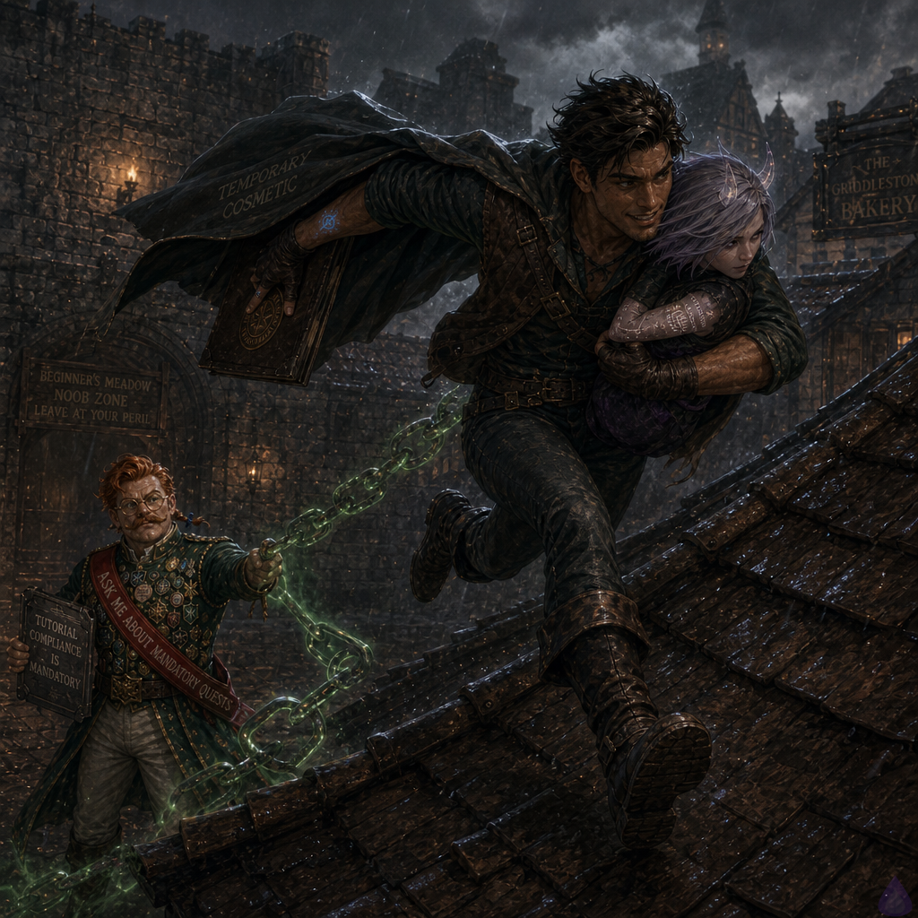 Fantasy LitRPG rooftop chase at rainy dawn. Slick, a lean athletic young man with warm sienna brown skin, bright hazel-green eyes, messy dark espresso undercut, thin scar through his left eyebrow, starter leather jerkin, patched gray cloak, and fingerless gloves, carries Mira in his arms while sprinting across slick tiled roofs. Mira is a slender athletic late-20s woman with cool porcelain skin with violet undertones, neon violet eyes, silver-lavender asymmetrical bob, small translucent quartz horns, glowing cursor-shaped beauty mark under her right eye, black cropped mage jacket, violet tunic, dark trousers, utility belt, and boots with glowing soles. She looks weakened but fiercely conscious, one hand gripping his jerkin, white backlash code crawling over her violet error tattoos. Behind them, Brindlejack Tallyhorn in a forest-green tutorial officer coat with badges, brass spectacles, red sash, copper-red hair, waxed mustache, and clipboard buckler shouts from the distant meadow while paper cones swarm. Below, Tailor's Row tenants hold lamps in the rainy street, creating a glowing path toward South Arch. Mood tense, heroic, intimate trust under pressure, wet rooftops, dawn gray light, blue-gold ledger glow under Slick's cloak, cinematic motion.