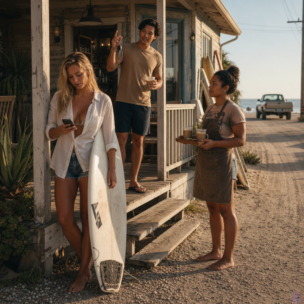 A contemporary coastal driveway in Driftwood Cove on a bright late afternoon, a weathered beach bungalow with white trim and a gravel drive in the background, ocean glimpsed down the street. Vyc stands on the porch steps holding a key and a sweating plastic cup of iced coffee, looking newly arrived and slightly caught off guard. Sage Calloway stands barefoot in the sandy lane with a surfboard tucked under one arm, blonde sun-lightened wet waves past her shoulders, light tan skin, freckles across her nose and shoulders, blue-green eyes, athletic-lean build, wearing a sea-glass green bikini top with a wetsuit peeled to her waist and cutoffs. Luna stands nearby with dark curly hair in a messy bun, warm brown skin, bright smile, curvy build, apron over a graphic tee, holding a tray of iced coffees. Mood is sunlit, breezy, intimate but casual, with subtle tension as Sage looks down at her buzzing phone and tries to hide her reaction. Cinematic realism, soft salt-air haze, warm coastal light, natural body language.