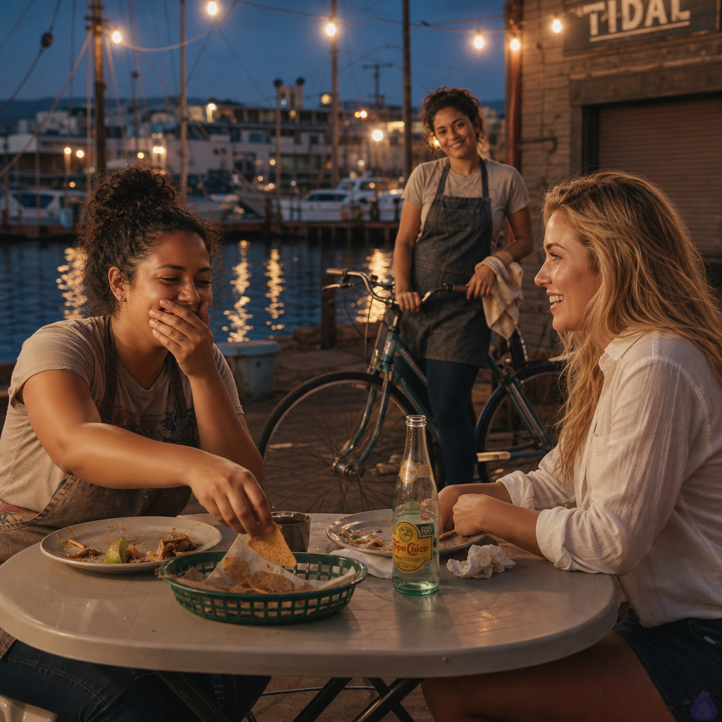 A warm contemporary romance scene at a marina taco truck at dusk. Vyc, a man in a white linen shirt with rolled sleeves and dark jeans, sits at a plastic outdoor table with Sage Calloway, a mid-twenties surf instructor with sun-lightened blonde waves past her shoulders, blue-green eyes, light tan skin, freckles across her nose and shoulders, athletic-lean build, wearing a faded blue sundress and sandals. Sage is laughing brightly with one hand near her mouth while stealing a chip from Vyc's plate, relaxed and genuinely happy. String lights glow above them, harbor water reflects gold and blue behind them, boats and rigging in soft focus. Across the street, Luna, a curvy late-twenties woman with warm brown skin, dark curly hair in a messy bun, apron over a graphic tee, watches with protective amusement beside a delivery bike near the closing coffee shop Tidal. The mood is tender, light, and charged with understated romantic possibility, cinematic dusk lighting, realistic coastal small-town atmosphere.