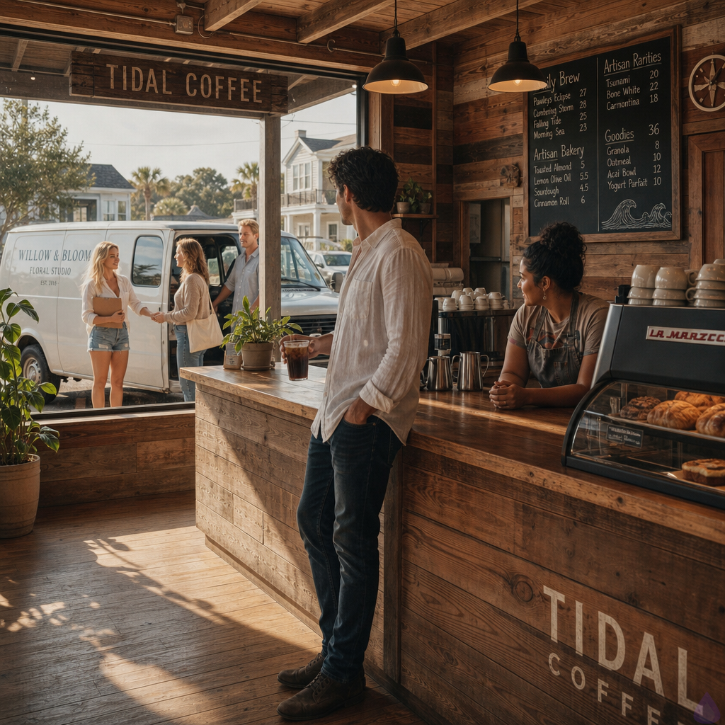 A contemporary coastal coffee shop scene in bright late morning light. Inside Tidal, a cozy beach-town cafe with chalkboard menus and sunlit windows, Vyc stands at the counter in a white linen shirt and dark jeans, holding a cold brew, looking through the front window with quiet concern. Luna, a curvy late-twenties woman with warm brown skin and dark curly hair in a messy bun, wearing a cardigan over a graphic tee behind the espresso machine, leans on the counter with a protective, knowing expression. Through the large window across Harbor Street, Sage is visible near a florist van, a mid-twenties athletic-lean blonde woman with sun-lightened waves, tan skin, freckles, blue-green eyes, wearing cutoffs over a bikini top and holding a clipboard. Maren stands polished beside her in a cream blouse, and Jake, tall and sandy-haired, has just appeared nearby. Mood is tense but quiet, emotional anticipation before a summer engagement party, salt-bright coastal light, small-town intimacy, no nudity.