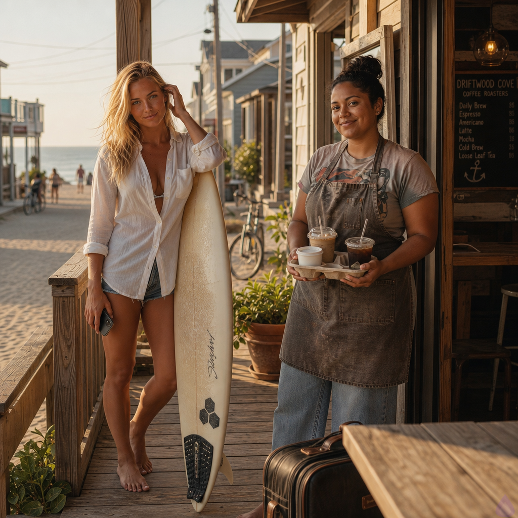 A sunlit coastal bungalow street in Driftwood Cove, late afternoon golden light, ocean visible at the end of the sandy road. Sage Calloway stands barefoot beside a weathered porch with a surfboard tucked against her hip, blonde sun-lightened wet waves past her shoulders, light tan skin, freckles across her nose and shoulders, blue-green eyes, athletic-lean build, wearing a sea-glass green bikini top with cutoffs and a wetsuit tied around her waist. She looks vulnerable but defiant, phone in one hand after receiving a message. Vyc stands on the porch steps with a suitcase nearby and a cold brew in hand, listening intently. Luna stands nearby in an apron over a graphic tee, dark curly hair in a messy bun, warm brown skin, curvy build, holding a tray of iced coffees with a knowing half-smile. Mood is intimate, tense, and summery, with salt air, wind-tossed hair, weathered wood, and small-town gossip energy.