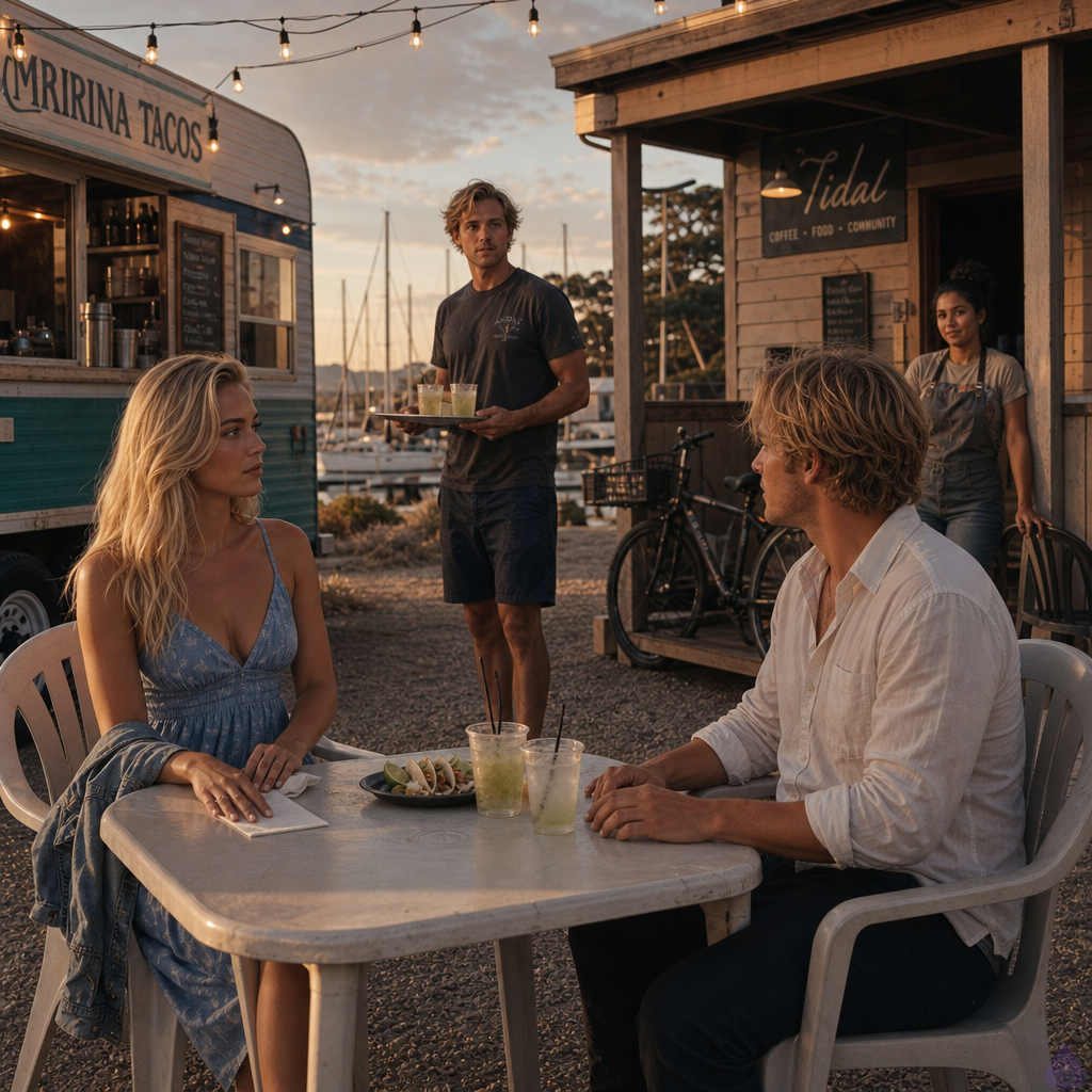 A contemporary coastal marina at golden hour, string lights glowing above a casual taco truck beside a bait shop. In the foreground, Vyc sits at a plastic table in clean dark jeans and a rolled-sleeve white linen shirt, composed but alert. Across from him, Sage Calloway sits in a faded blue sundress with a denim jacket hooked nearby, blonde sun-lightened waves loose past her shoulders, light tan skin, freckles across her nose and shoulders, blue-green eyes, athletic-lean build. Her posture has just stiffened as she recognizes Jake. Fish tacos and lime sodas sit untouched on the table. In the midground, Jake stands near the taco truck holding drinks, looking toward Sage and Vyc with surprised interest. In the background, Luna watches from near Tidal with a delivery bike half in shadow, dark curly hair in a messy bun, apron over a graphic tee. Mood: tense but restrained, warm salt air, small-town scrutiny, romantic uncertainty.