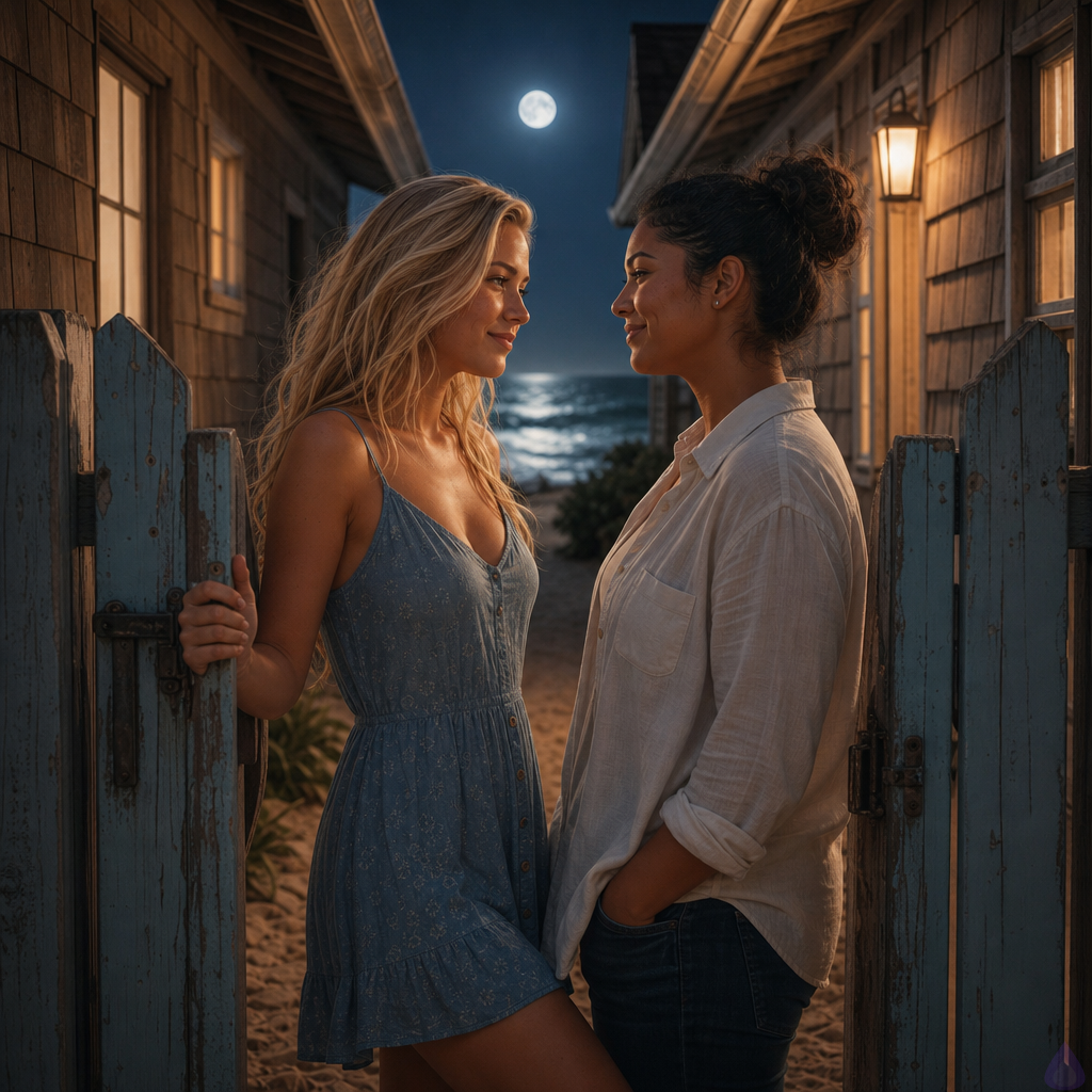 A cinematic contemporary romance scene at night in a small coastal town. A man in a white linen shirt and dark jeans stands beside a blonde surf instructor in a faded blue sundress at a weathered blue garden gate between two beach bungalows. She has sun-lightened waves past her shoulders, freckles across her nose and shoulders, light tan skin, blue-green eyes, and an athletic-lean build. They stand close but not touching, emotionally intimate, faces lit by warm porch light and cool moonlight, with the ocean visible between houses in the background. Her hand rests on the gate latch, his posture is calm and attentive. Mood is tender, quiet, salt-air summer evening, trust forming, no explicit nudity.