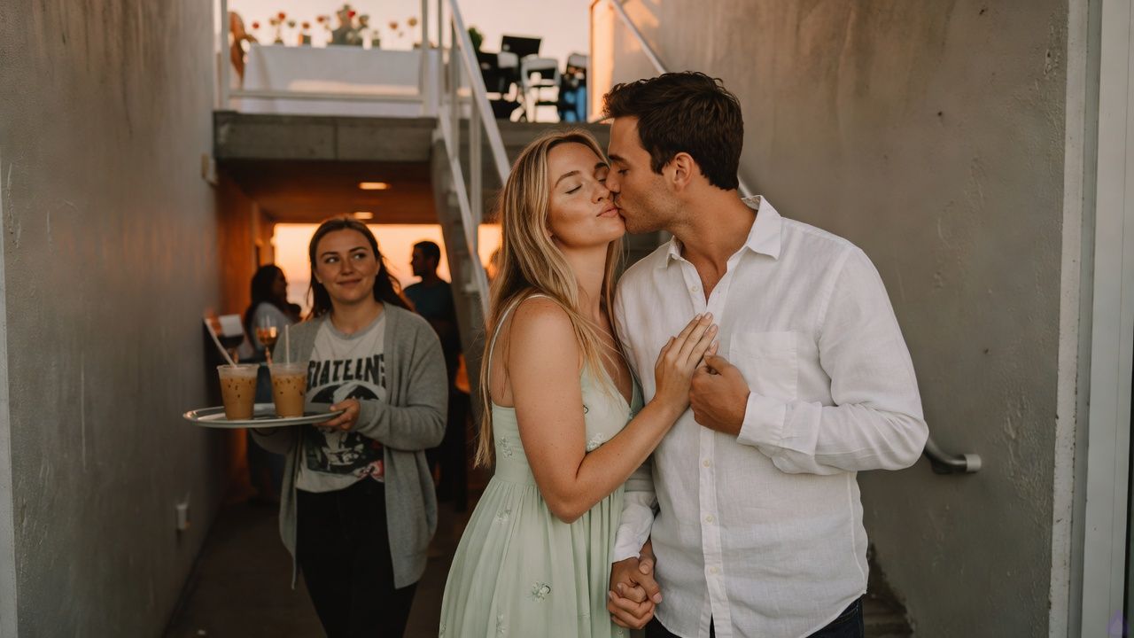 A romantic contemporary evening scene in a narrow side passage beneath a rooftop engagement party at a coastal venue. Sage, a mid-twenties surf instructor with sun-lightened blonde waves past her shoulders, light tan skin, freckles across her nose and shoulders, blue-green eyes, and an athletic-lean build, wears a pale green sundress. Vyc wears a white linen shirt and dark jeans. They are kissing with lips together in a private, tender moment, hands intertwined, her other hand resting against his chest. Warm golden party light spills down from stairs above, with glass railings, white flowers, champagne glow, and hints of ocean sunset in the background. The mood is intimate but restrained, emotionally sincere, with salt-air breeze moving her hair and dress. Luna is just leaving in the background with a coffee tray, protective and discreet, slightly out of focus. No nudity, no explicit content.