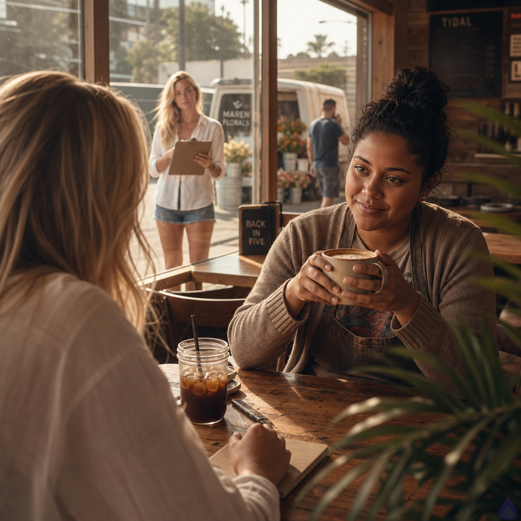 Inside a cozy seaside coffee shop called Tidal on a bright summer morning, a man in a white linen shirt and dark jeans sits at a corner table with Luna, a curvy woman in her late twenties with warm brown skin, dark curly hair in a messy bun, a cardigan over a graphic tee, and a protective, serious expression. They sit with iced coffee and a ceramic mug between them, speaking quietly. Through the large front window, Sage stands outside across the street in cutoffs over a sea-glass bikini top, blonde sun-lightened waves loose past her shoulders, light tan skin, freckles across her nose and shoulders, blue-green eyes, holding a clipboard near a florist van. Maren in a polished cream blouse is near buckets of flowers, while Jake, tall and sandy-haired, walks away in the background with a phone. The mood is intimate, watchful, emotionally charged but restrained. Morning sunlight, espresso bar warmth, coastal reflections on glass, subtle tension in body language.