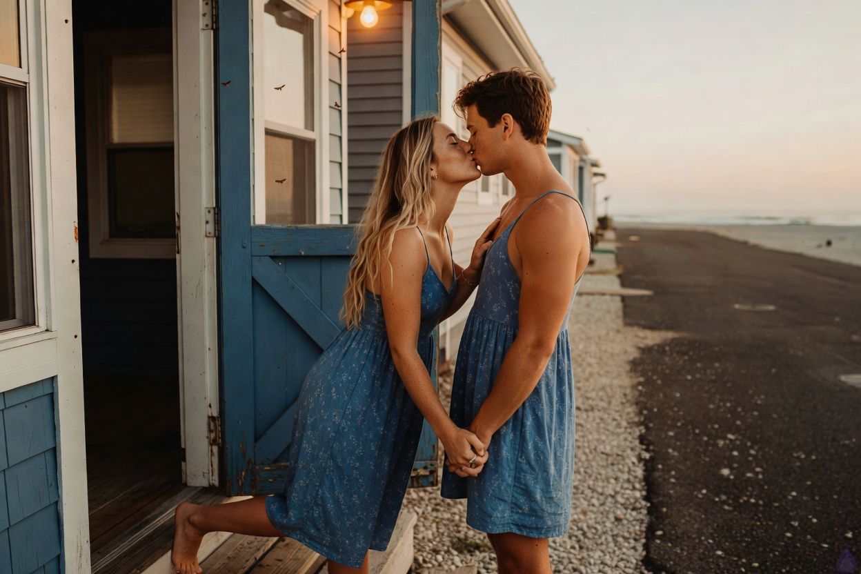 A romantic contemporary nighttime scene outside neighboring beach bungalows in a small coastal town. Under a warm porch light beside a weathered blue gate, Sage, a mid-twenties athletic-lean surf instructor with sun-lightened blonde waves past her shoulders, light tan skin, freckles across her nose and shoulders, and blue-green eyes, wearing a faded blue sundress, kisses Vyc, who wears a white linen shirt with rolled sleeves and dark jeans. Their lips are together in a quiet, intimate kiss, her hand resting against his chest and his posture gentle, careful, and emotionally present. The setting includes sandy gravel, low beach cottages, a softly glowing porch, moths near the light, and hints of the moonlit ocean three blocks away. Mood is tender, risky, salt-air romance, warm gold lighting against deep blue night shadows. No nudity, no explicit sexual content.