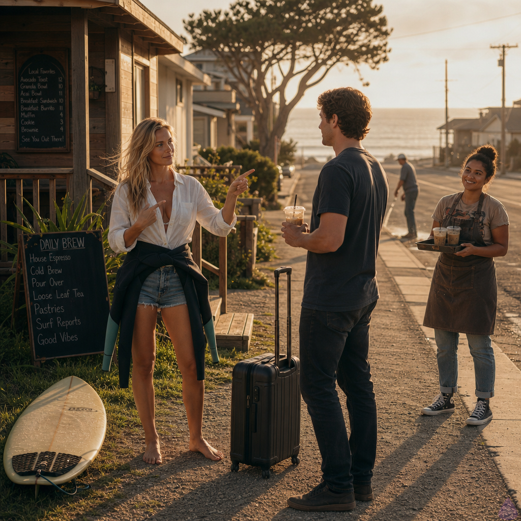 A sunlit coastal bungalow street in Driftwood Cove, late afternoon golden light, ocean visible at the end of the road. Vyc stands on a small weathered porch with a suitcase beside him and an iced coffee in hand, listening intently. Sage Calloway stands in the gravel drive facing him, athletic and tan, blonde sun-lightened wet waves past her shoulders, freckles across her nose and shoulders, blue-green eyes, wearing a sea-glass green bikini top with a wetsuit peeled to her waist and tied at her hips, holding a surfboard under one arm. Her expression is honest and vulnerable but steady, as if admitting something difficult. Luna stands nearby on the sidewalk with dark curly hair in a messy bun, warm brown skin, curvy build, apron over a graphic tee, holding a tray of iced coffees and watching with protective warmth. Mood is intimate but not sexual, emotionally charged, small-town summer atmosphere, salt air, soft wind, realistic contemporary romance style.