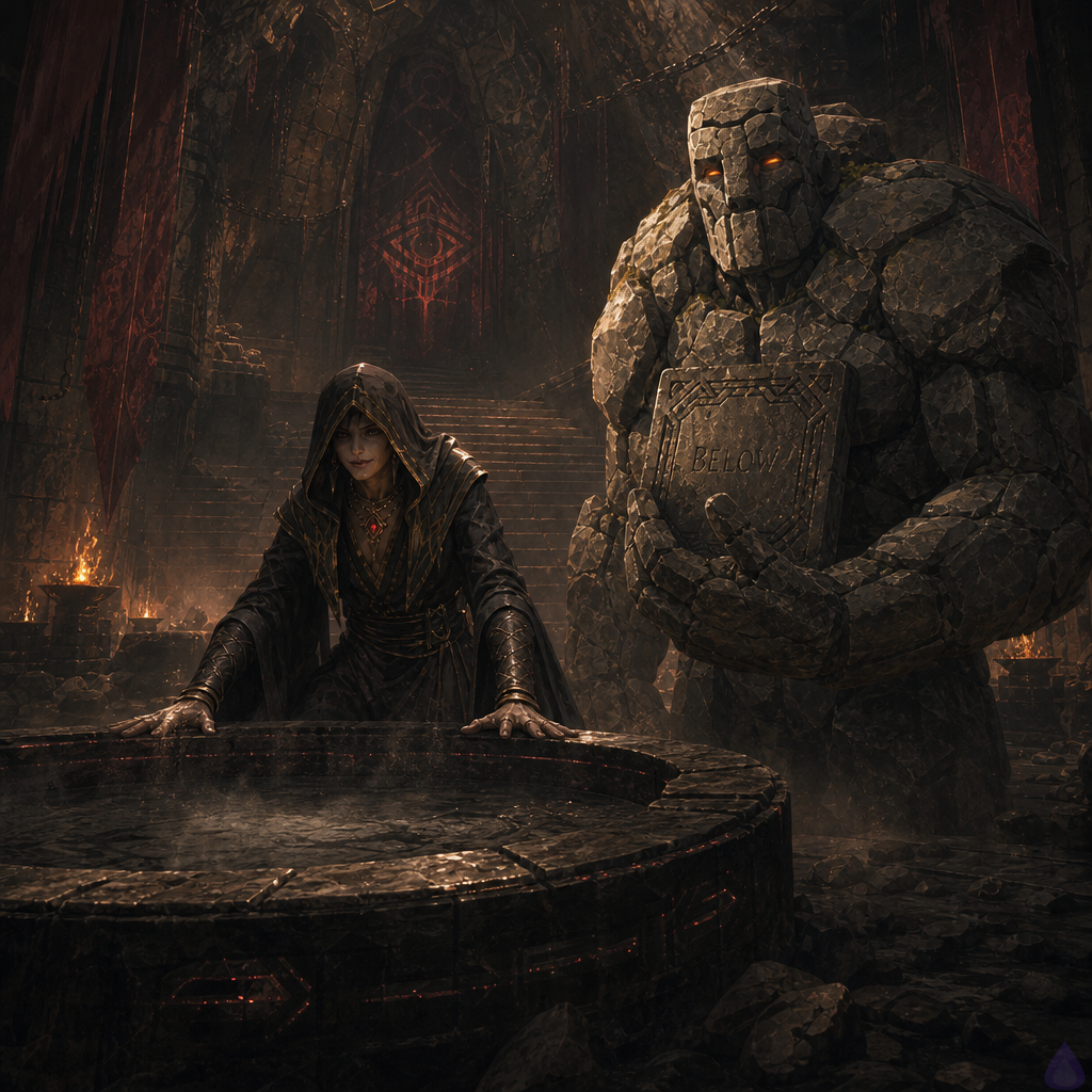 A tense fantasy dungeon chamber beneath a hidden stair on Floor Zero, lit by faint blue torchlight and a dim red pulse fading from a black stone memory basin in the center. The protagonist, barefoot and Warden-Touched, is backing away from the basin with shaky hands and a guarded, shaken expression, while Brick, a tall gray stone golem with ember eyes, stands protectively beside them holding a cracked rune tablet against his chest. The basin’s dark water has just been sealed, leaving subtle ripples and a faint glow around carved runes in the stone. The mood is cold, secretive, and ominous, with damp walls, worn steps leading downward, and a sense of hidden history and unresolved danger. Cinematic composition, detailed stone textures, atmospheric shadows, dramatic but restrained lighting, no gore, no nudity.