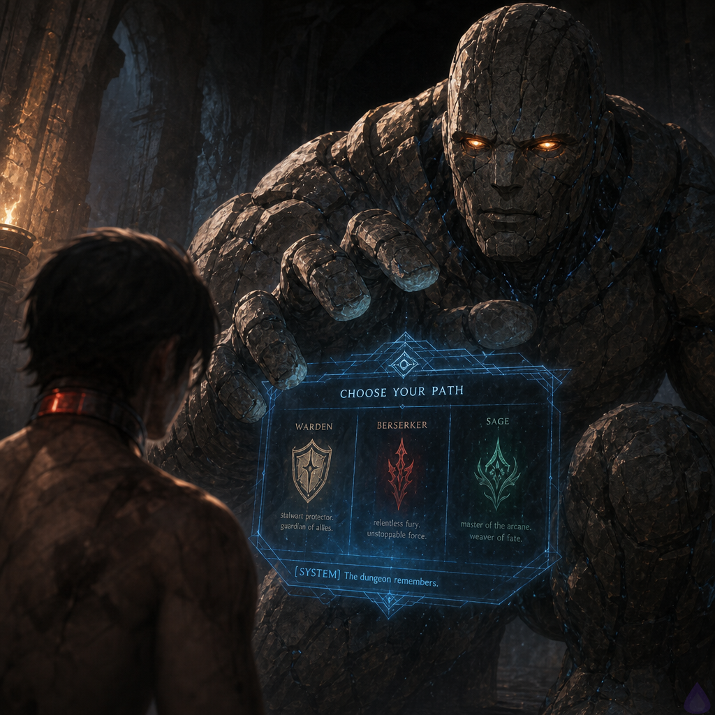 A dim stone dungeon tutorial chamber lit by pale blue wall-glow, with a translucent fantasy game class-selection screen floating in front of a barefoot protagonist on cold stone. Brick, a tall gray stone golem with glowing ember eyes and cracked, weathered surfaces, crouches close and speaks gravely, his massive hand hovering near the screen. The protagonist looks tense and uncertain, surrounded by wet stone walls, deep black corridor darkness behind Brick, and a faint ominous magical interface shimmer. Mood is suspenseful and intimate, with quiet danger, cold atmosphere, and subtle tension between guidance and fear. Cinematic lighting, high detail, fantasy realism, no gore, no nudity.