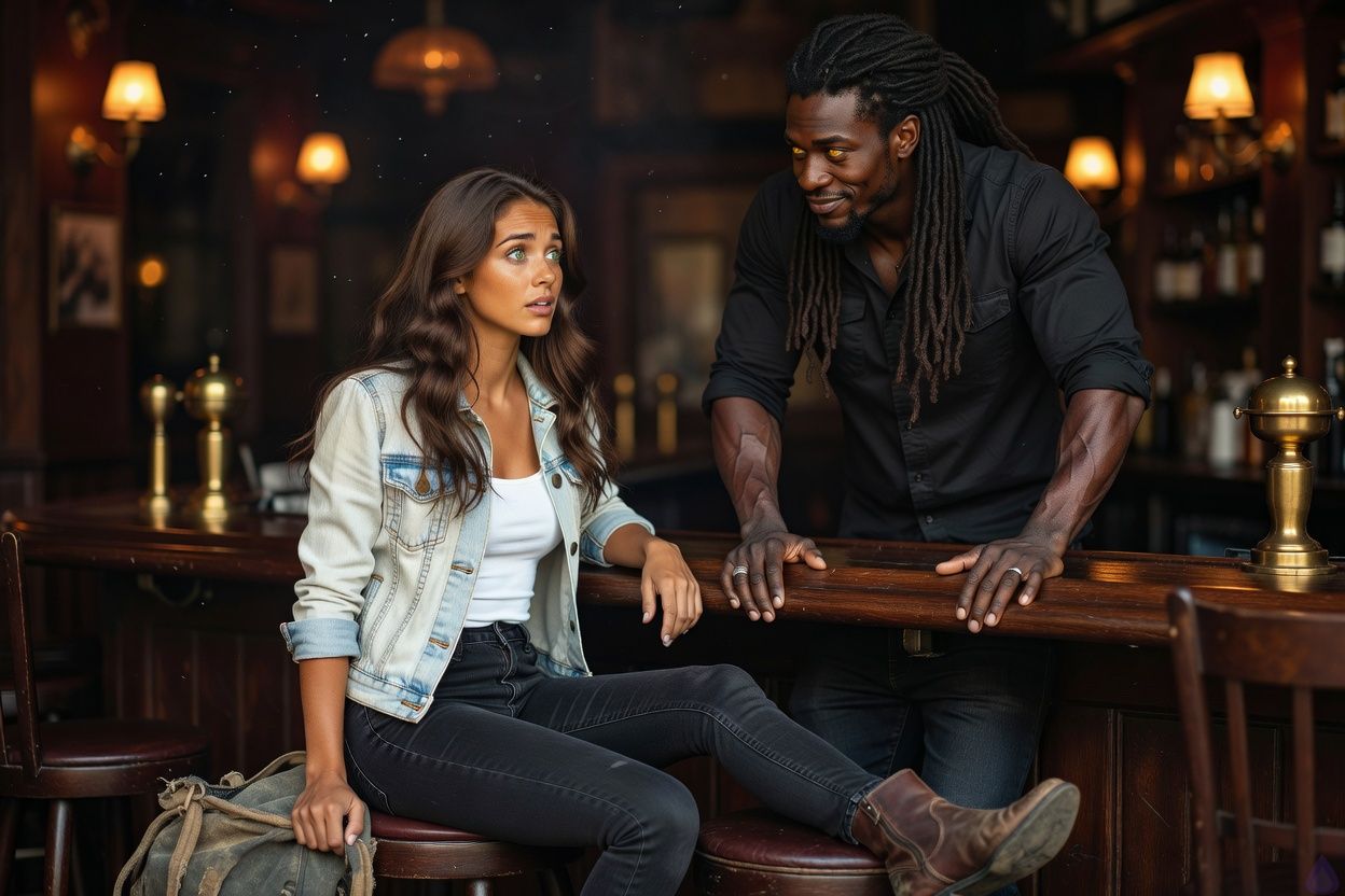 Inside Blackwater Bar in New Orleans, warm amber lamplight and shadowy brass decor create a supernatural, intimate atmosphere. Ocean Rayne sits on a barstool in a white fitted tank top, light denim jacket, black skinny jeans, scuffed ankle boots, travel bag nearby, dark chestnut wavy hair and green-hazel eyes wide with disbelief, one hand gripping the bar edge. Davoux stands behind the bar, tall and broad-shouldered with deep ebony skin, long thick dreadlocks pulled half-back, golden amber eyes, black fitted shirt, rolled sleeves, silver ring, calm but intent expression. Nina Savoy stands nearby in an emerald wrap dress and long box braids, watching with sympathetic curiosity. Salvatore Remaz leans at the service side in a crimson satin blouse and black vest, pale elegant face, amused expression. Louie Landry stands near the doorway in a sleeveless black work shirt and jeans, muscular build, biker beard, blue eyes, tattoo visible on his right arm, looking mildly offended and human. The scene captures the moment Ocean realizes the bar is full of hidden supernatural beings, with tension, wonder, and romance-leaning intrigue in a cozy but secretive occult bar.