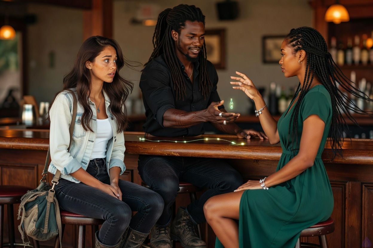 Inside the dim, amber-lit Blackwater Bar in New Orleans, Ocean Rayne sits on a barstool in a light denim jacket, black jeans, and scuffed boots, staring with cautious amazement at undeniable proof of the supernatural. Davoux, a tall ebony-skinned Rougarou with long dreadlocks and golden eyes, stands behind the bar with a calm, wry expression, holding out a crescent-moon brass key over a polished wooden counter. Nina Savoy, in an emerald wrap dress and long black braids, performs a small charm demonstration with glowing green light and layered shadows. Salvatore Remaz, elegant and pale in a crimson satin blouse and black vest, watches with amused poise. Louie Landry is partly transformed into a large alligator on the floor beside a stool, with his blue eyes still visible, emphasizing the proof of shape-shifting. The mood is intimate, tense, and quietly wondrous, with warm lamplight, brass details, charm bundles, bottles, and old wood textures.