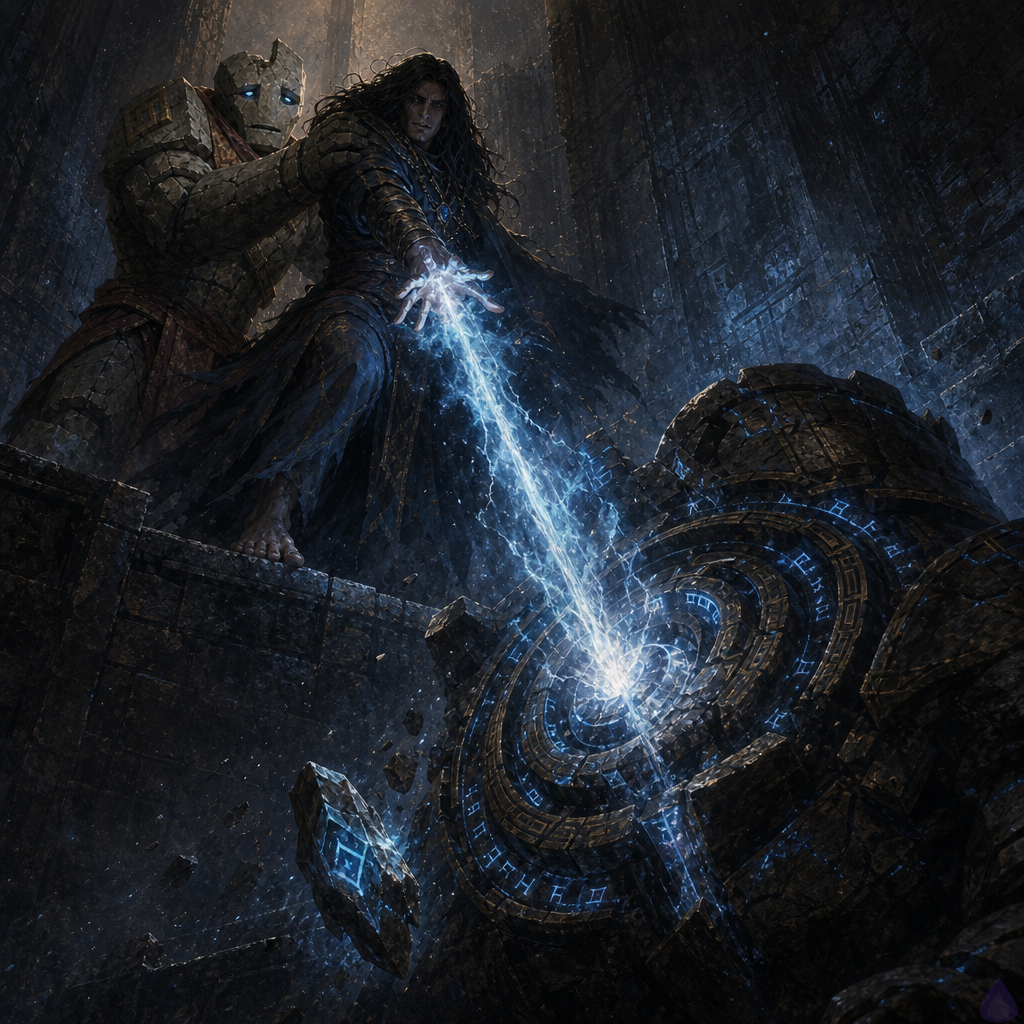 A tense fantasy dungeon scene in a blue-lit stone chamber with a steep stairwell opening in the floor. The protagonist, a bare-footed human channeler, stands at the stair edge with one hand extended, sending a concentrated stream of blue-white flux lightning down into the darkness below. The energy illuminates wet stone walls, drifting dust, and the rough, determined silhouette of Brick, a massive stone golem with chipped forearm plates, bracing protectively beside them. Below the stairwell, a partially visible black-metal guardian with glowing rune rings is reeling from the strike, sparks and fractured light bursting from its chest core. The mood is high tension, dangerous, and charged with magical force. Cold blue lighting, dramatic shadows, motion, debris in the air, intense expressions, cinematic fantasy style.