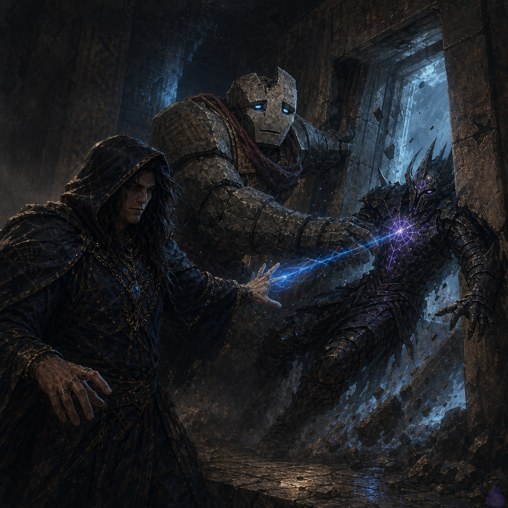 A tense underground fantasy dungeon corridor lit by cold blue magical light, with a bare-footed protagonist standing in the foreground holding a small glowing flux of blue energy in one hand, face focused with realization. Beside them stands Brick, a massive chipped stone golem bracing against a black-metal, shadow-stitched creature at a narrow threshold. The creature is hunched, angular, and partially mechanical with a glowing violet rune on its chest. In the background, a hidden stone passage has just opened at an angle, cold air and dust spilling out. The atmosphere is dark, damp, and suspenseful, with drifting dust, blue highlights, sharp shadows, and an intense sense of discovery and imminent danger.