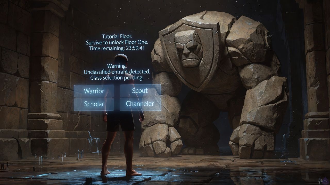 A dark fantasy dungeon chamber with cold wet stone, a bare-footed amnesiac protagonist standing before a translucent glowing character creation menu, pale blue system text hovering in the air, a massive sarcastic stone golem named Brick looming protectively at the side. Moody low light, damp reflections on the floor, tense body language, ominous corridor fading into darkness behind Brick, subtle magical interface glow illuminating faces, high emotional tension, cinematic composition, realistic fantasy illustration, no gore, no nudity.