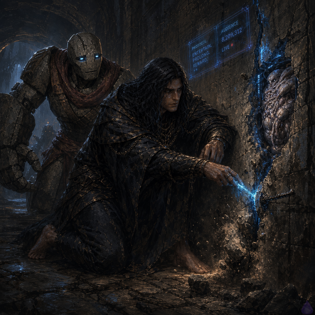 A tense blue-lit dungeon chamber with a young bare-footed protagonist leaning close to a cracked stone wall seam, examining an ancient magical lock. Thin blue flux glows around their fingertips, illuminating runes, fractured mortar, and a narrow black fissure in the wall. A massive stone golem stands protectively beside them, crouched and vigilant, with one chipped forearm catching the light. The atmosphere is dark, cold, and suspenseful, with dust drifting in the air and faint shadows suggesting something dangerous behind the ward. Cinematic fantasy lighting, high contrast, detailed stone textures, intense expressions, urgent body language.