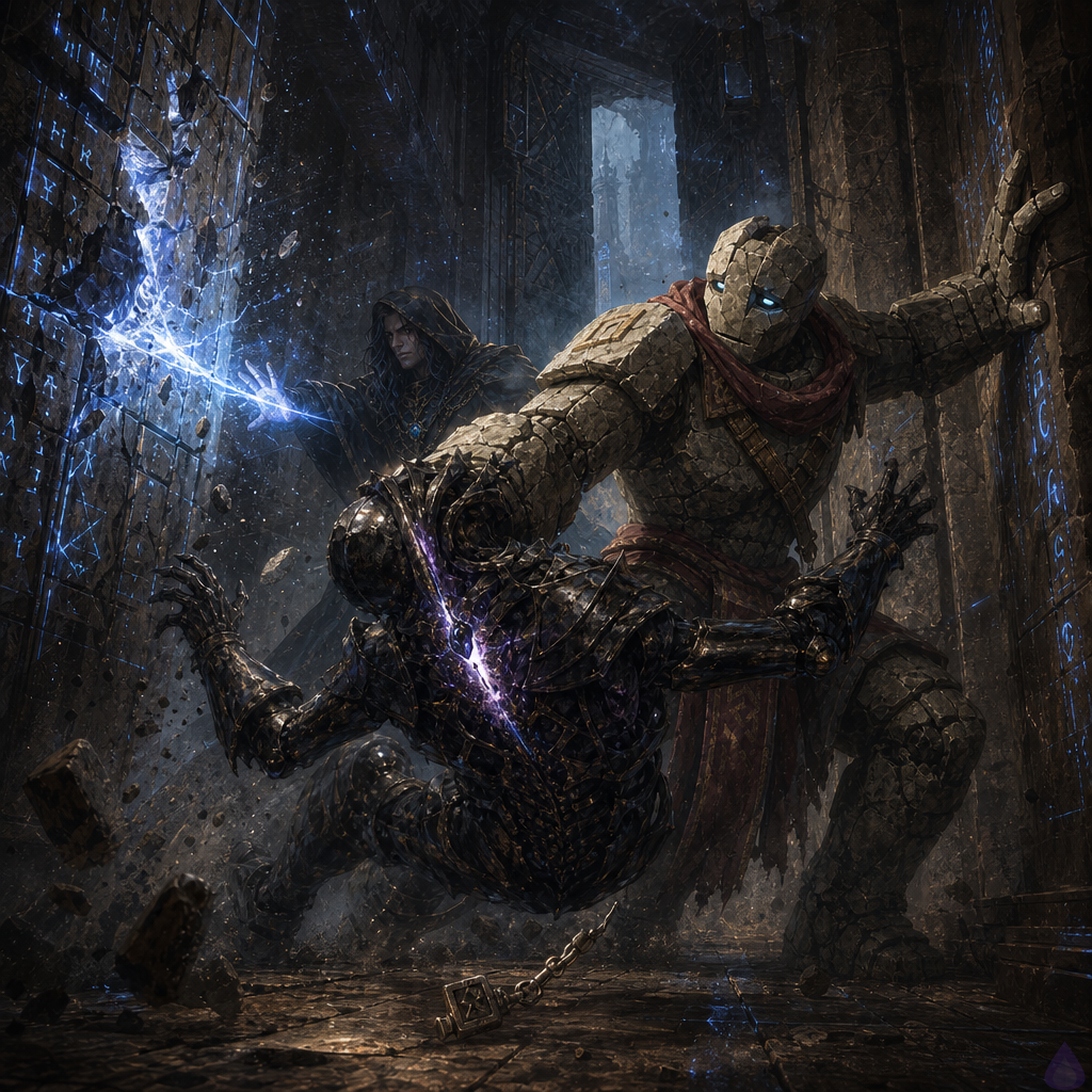 A tense fantasy dungeon corridor lit by cold blue flux-light, with a bare-footed protagonist channeling glowing blue energy through their hands toward a cracked rune-lock in the stone wall. A massive stone golem companion, Brick, braces in the foreground, one arm chipped and dusty, holding back a black-metal creature with a violet chest rune that is splitting apart. Blue-white backlash sparks across ancient masonry, dust hangs in the air, and a newly opened hidden passage glows with damp iron light. The mood is urgent, dangerous, and magical, with strong contrast between darkness and blue illumination, dynamic action poses, gritty stone textures, and intense expressions of focus and strain.