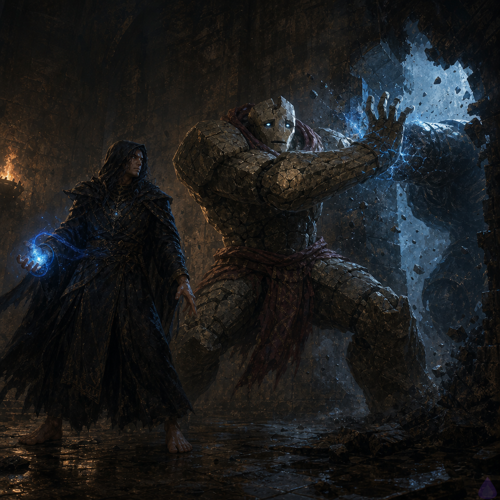 A tense fantasy dungeon chamber lit by cold blue magical light, featuring a newly awakened human Channeler standing barefoot on wet stone beside a massive stone golem guardian. The human holds a small controlled blue flux in one hand, focused and determined, while the golem crouches with one hand braced on the floor, ready to shift pressure and protect. A cracked ward seam in the wall has just broken open, releasing cold air and dust, and a narrow hidden passage glows faintly beyond. The atmosphere is claustrophobic, dangerous, and charged with teamwork, with drifting debris, fractured runes, and a sense of imminent threat emerging from the darkness.
