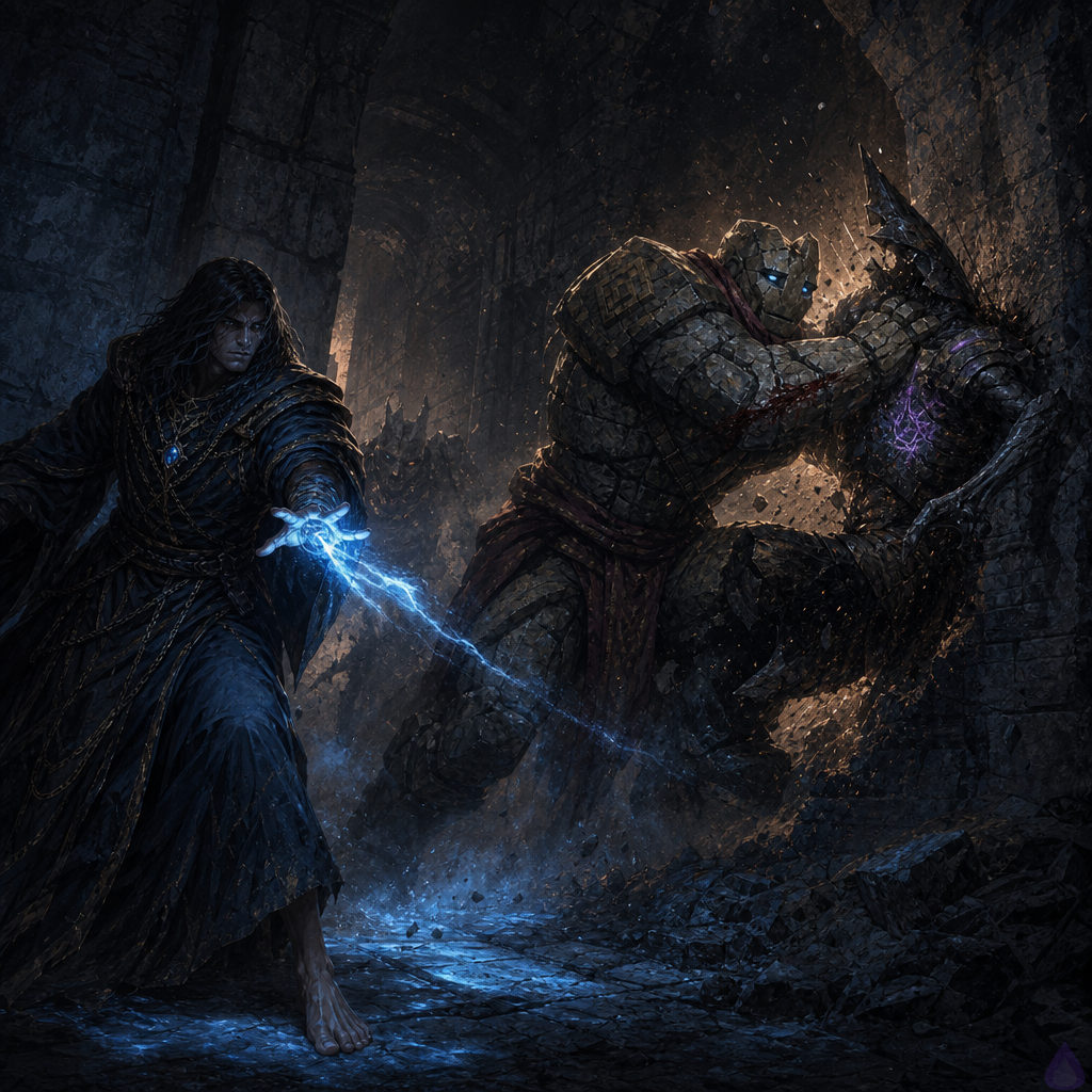 A tense fantasy dungeon corridor lit by cold blue magical light. A bare-footed new channeler stands in the foreground with one hand extended, sending a thin blue flux filament into a narrow opening in the wall. In the midground, Brick, a massive stone golem with chipped forearm, braces in a fighting stance and slams into a hunched shadow-metal creature emerging from the dark passage. The creature has black metal ribs, hooked limbs, glowing violet rune patterns in its chest, and an unsettling inhuman silhouette. Dust, sparks, and fractured stone fill the air. The mood is dangerous and urgent, with dramatic contrast between blue flux light and deep black shadows, dynamic body language, and the sense that more threats are waking in the corridor behind them.