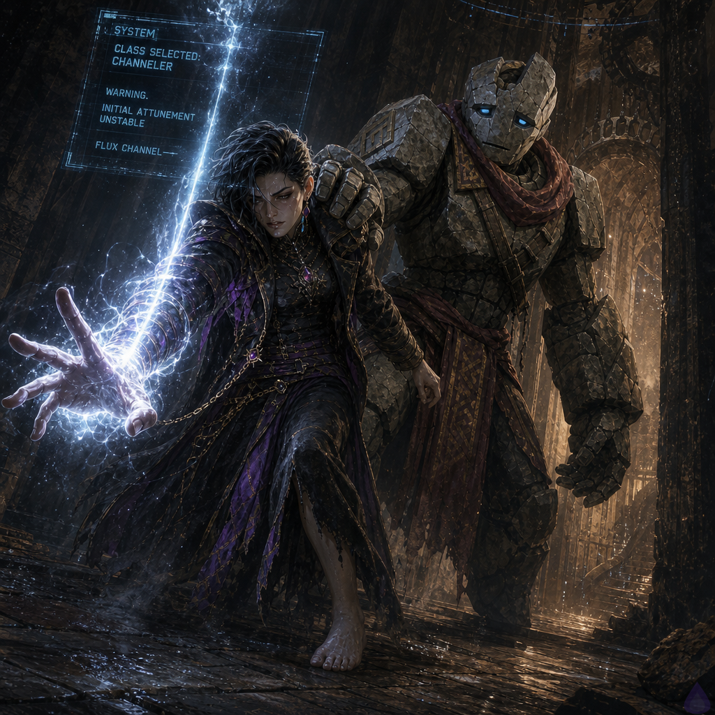 A tense fantasy dungeon chamber lit by cold blue-white system light. An amnesiac protagonist stands barefoot on damp stone, one hand raised as crackling unstable magical energy crawls over their fingers. A massive stone golem named Brick steadies them with a protective hand on the shoulder, his carved face stern and watchful. Floating translucent game-menu remnants and system notifications hang in the air, glowing pale cyan. The corridor behind Brick is dark and ominous, with a faint mechanical opening in the distance. Mood is high tension, magical awakening, and looming danger. Visual style is dramatic, cinematic, detailed, with sharp contrast between cold light and deep shadows, emphasizing the protagonist’s vulnerability and the golem’s guarded support.