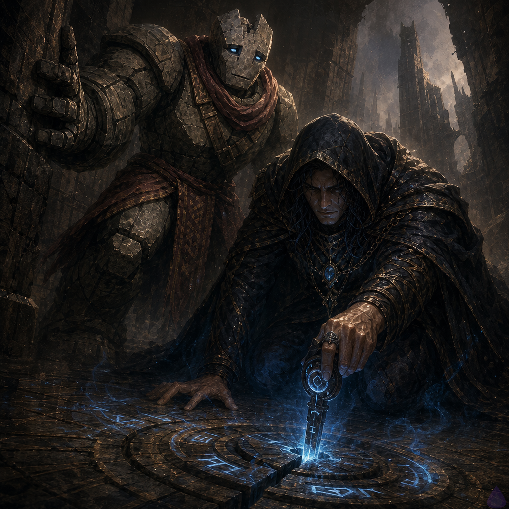 A tense fantasy dungeon scene in a narrow descending stone corridor lit by blue magical flux from a young channeler’s hand. The protagonist, bare-footed and cautious, holds a small black-metal keypiece etched with a pale glowing rune, while looking down into a circular floor socket opening with cold air and shadow rising from it. Beside them stands Brick, a massive sarcastic stone golem with chipped forearm, braced protectively against the wall. Wet stone, copper inlays, grime, broken pylons, and a deep seam of darkness create a claustrophobic atmosphere. Lighting is cold blue and dim gray, with sharp highlights on the keypiece and rune marks. Mood is tense, investigative, and dangerous, with both characters alert and ready for an unseen threat below.