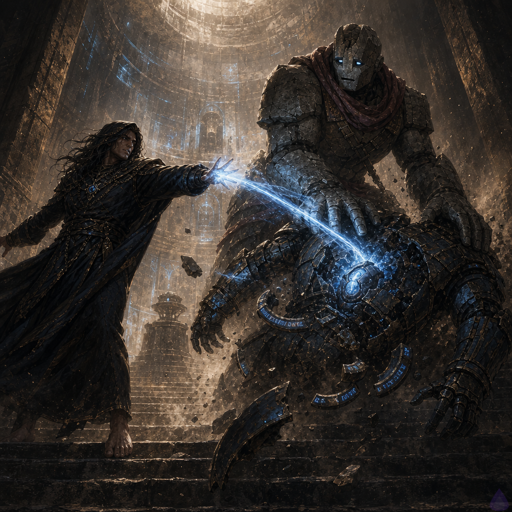 A tense fantasy dungeon vault lit by blue flux and dim copper runes, a bare-footed channeler standing on stone steps beside a massive stone golem named Brick. In the foreground, a shattered black-metal guardian lies broken across the stairwell, its chest core blackened and still. The protagonist holds a glowing blue-gold rune shard in one hand, exhausted but resolute, with determined posture and flickering light around their fingers. Brick stands protectively at their side, chipped forearm visible, broad stance, dust and stone chips on his body. The background reveals a circular sublevel chamber with wet stone walls, ancient copper lines, sealed alcoves, and a central pedestal. Mood is victorious but grim, with dramatic high-contrast lighting, drifting dust, shattered metal, and a sense of hard-earned survival.