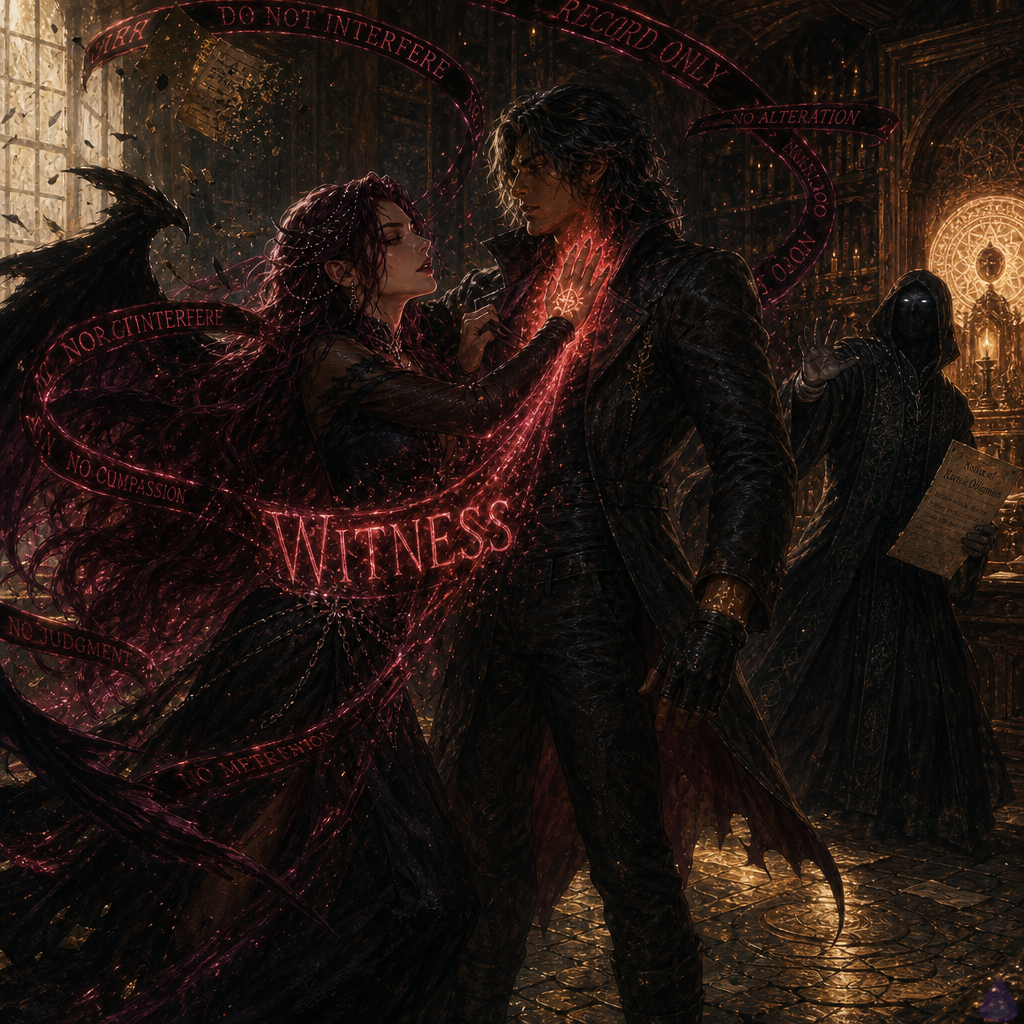 Dark fantasy scene on a surreal shore made of bone-pale coins under a starless red-black sky. BoyDIC, a lean late-20s masculine figure with warm sienna brown skin, shoulder-length black hair streaked metallic silver, molten amber-gold eyes, charcoal coat, fingerless gloves, glowing gold sigil tattoos, and a branded A on his palm, presses his glowing palm against Lilith Noctara's cracked red oath-mark at her throat. Lilith is an elegant dark goddess with pale ivory skin, luminous violet eyes, waist-length crimson-black hair with obsidian beads, black silk gown, obsidian choker, and dark feathered shadow-wings unfurled around them; red-violet light bursts from her throat into a warm glowing cradle behind them. Maribel Quill, petite with copper auburn curls, freckles, cracked brass glasses, emerald blouse, leather jacket, gray-stained fingers, and a smoking ledger, kneels nearby writing frantically. The Bursar of Ash looms in black bureaucratic robes with a faceless hood, ledger-white glow, parchment strips orbiting, and a scorched brand reading SUB-ADMINISTRATOR across its chest. In the distance, an ash-breathing courthouse door stands open, spilling cold judicial light. Mood tense, intimate, magical, defiant, cinematic lighting, high detail.