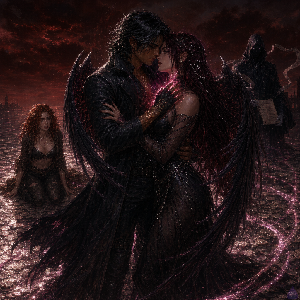 Dark fantasy scene on a surreal shore made of bone-pale coins under a low red-black starless sky. BoyDIC, a lean masculine late-20s figure with warm sienna brown skin, shoulder-length black hair with metallic silver streaks, molten amber-gold eyes, glowing gold sigil tattoos at collarbones and wrists, long charcoal coat, and a branded A on his palm, holds Lilith Noctara close in a protective, intimate embrace. Lilith is a divine feminine figure with pale ivory skin, waist-length crimson-black hair with obsidian beads, luminous violet eyes, black silk gown, red-lined cloak, black lacquered nails, and dark feathered shadow-wings wrapping around them. Her throat bears a widened glowing red-violet witness breach, and BoyDIC’s branded palm presses near it as red-violet and black-gold magical energy radiates outward. Nearby, Maribel Quill kneels on the coin-shore with copper auburn curls, cracked brass glasses, emerald blouse, brown leather jacket, and a smoking ledger glowing green. In the background, the Bursar of Ash stands tall in black bureaucratic robes with a faceless hood and ledger-white glow, parchment blades haloing it, branded text burning across its chest. A black courthouse door behind the Bursar opens with warm nursery light spilling out. Mood: tense, romantic, defiant, cosmic legal horror, dramatic lighting, high detail, cinematic composition.