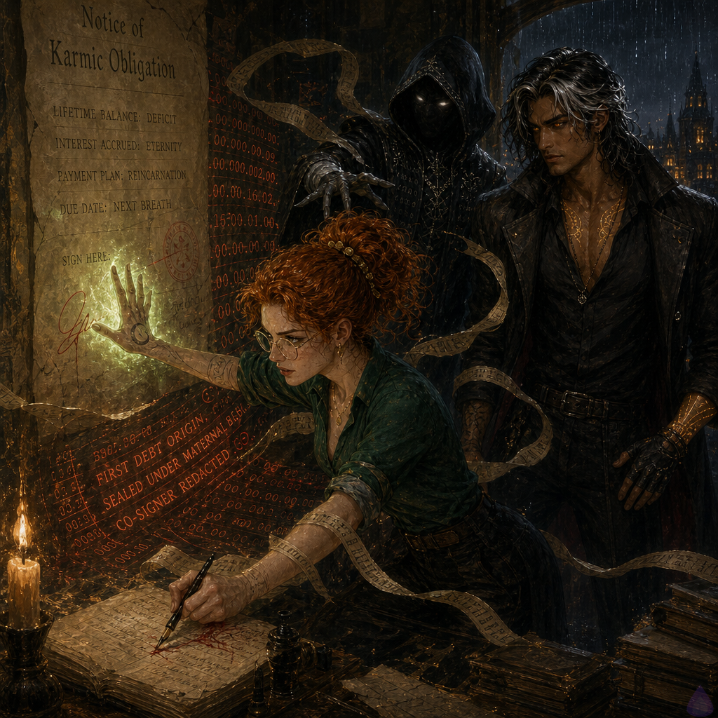A dark fantasy urban apartment at night during heavy rain, gray supernatural light draining color from the room. BoyDIC, a lean late-20s man with warm sienna brown skin, shoulder-length black hair streaked metallic silver, molten amber-gold eyes, glowing gold sigil tattoos at wrists and collarbones, wearing a long charcoal coat and fingerless gloves, stands tense beside Lilith Noctara. Lilith appears divine and dangerous, pale ivory skin, luminous violet eyes, waist-length crimson-black hair with obsidian beads, black silk gown, obsidian choker, dark shadow-wings unfurled, one possessive hand on BoyDIC's shoulder. Maribel Quill, petite with fair freckled skin, bright copper auburn curls, brass-rimmed glasses, emerald blouse, leather jacket, ink-stained fingers, presses her glowing crescent-burned palm against a living contract covering the apartment wall while reading from a ledger. A faceless hooded figure, The Bursar of Ash, emerges from the contract in black bureaucratic robes with silver account numbers, bone-white gloves, parchment strips orbiting like blades. Red numerical columns and glowing clauses float in the air, especially the phrase FIRST DEBT ORIGIN, SEALED UNDER MATERNAL NIGHT, CO-SIGNER REDACTED. Mood: tense, mystical, bureaucratic horror, rain-lit, cinematic chiaroscuro, emotional stakes and supernatural menace.