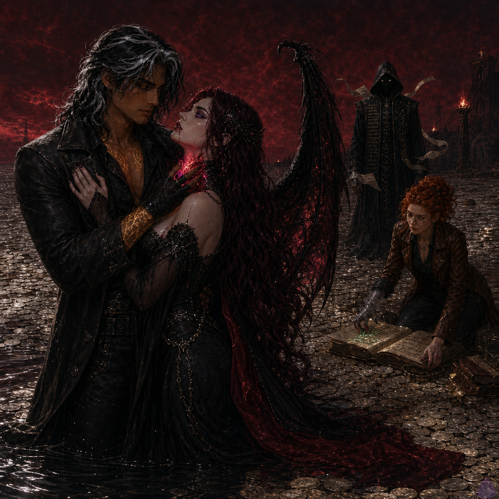 Dark fantasy scene on a surreal shore made of bone-pale coins under a starless red-black sky. BoyDIC, a lean late-20s masculine figure with warm sienna brown skin, molten amber-gold eyes, shoulder-length black hair streaked metallic silver, a charcoal coat, glowing gold sigil tattoos, and a branded palm, holds Lilith Noctara close and steady in shallow black tide. Lilith is a timeless feminine dark goddess with pale ivory skin, luminous violet eyes, waist-length crimson-black hair with obsidian beads, black silk gown, shadow-wings, and a glowing red-violet breach at her throat; she leans into him, exhausted but fierce. Nearby, Maribel Quill kneels with copper curls, cracked brass-rimmed glasses, emerald blouse, leather jacket, gray-stained fingers, and a smoking ledger glowing green. In the background, the weakened Bursar of Ash stands faceless in black bureaucratic robes, branded and smoking, while a vast courthouse door breathes cold nursery light. Mood: intimate, ominous, magical tension, red-violet and green fire lighting, cinematic composition, no nudity.